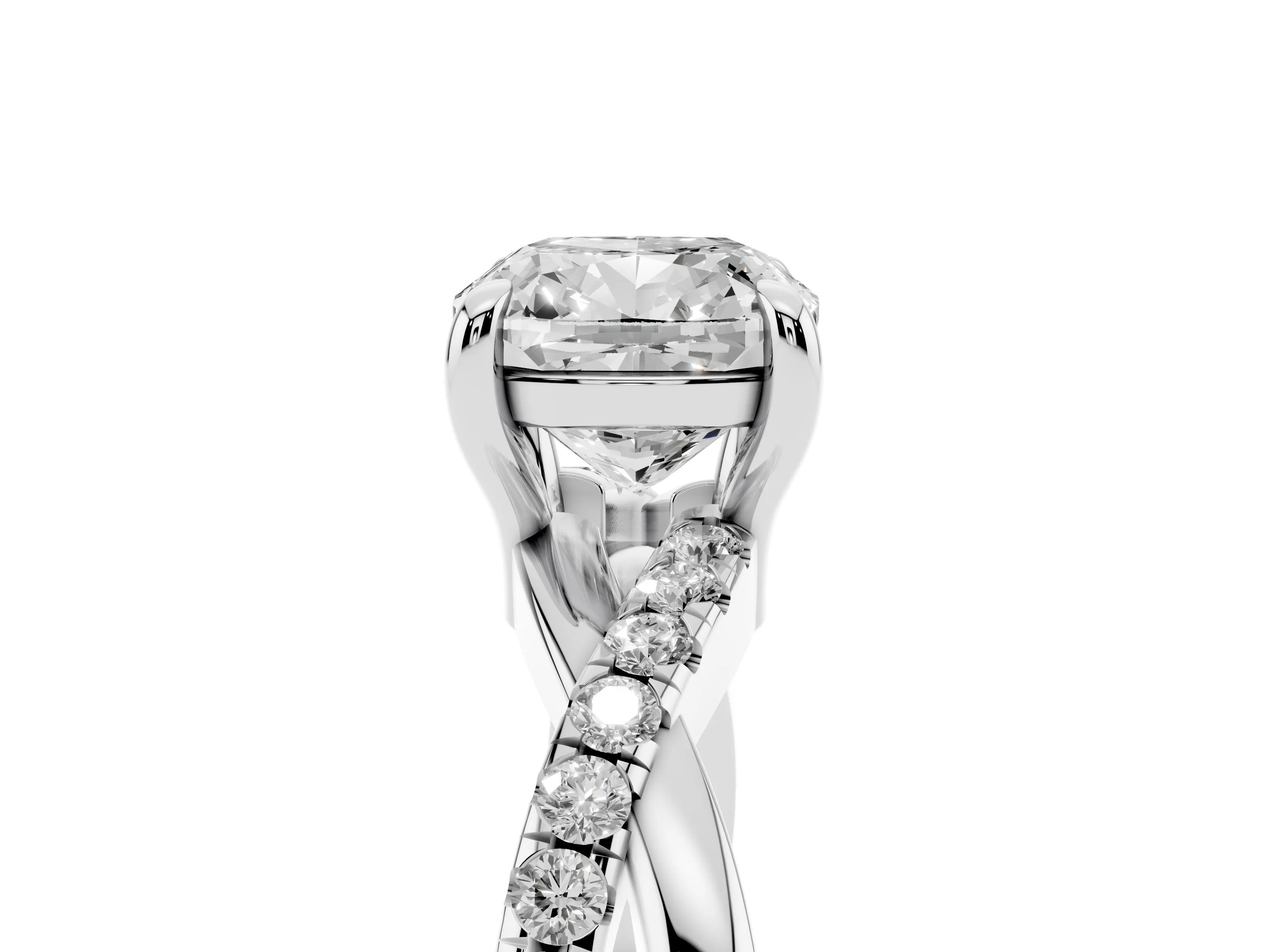 Cushion Cut Diamond Twist Band Pavé Solitaire Ring Set in Silver with Prong Setting