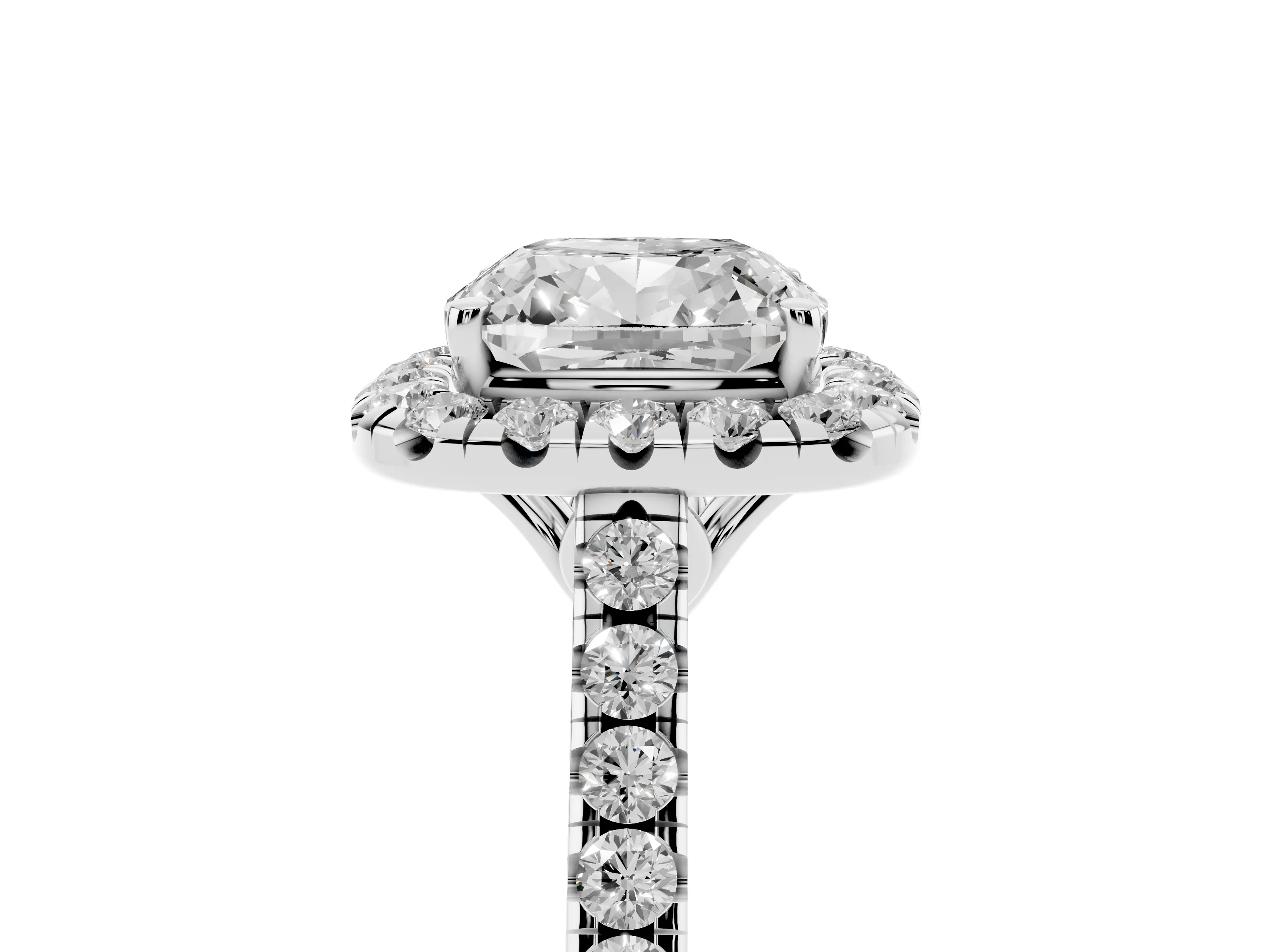 Cushion Cut Diamond Pavé Halo Engagement Ring Set in Silver with Pavé Band and Prong Setting