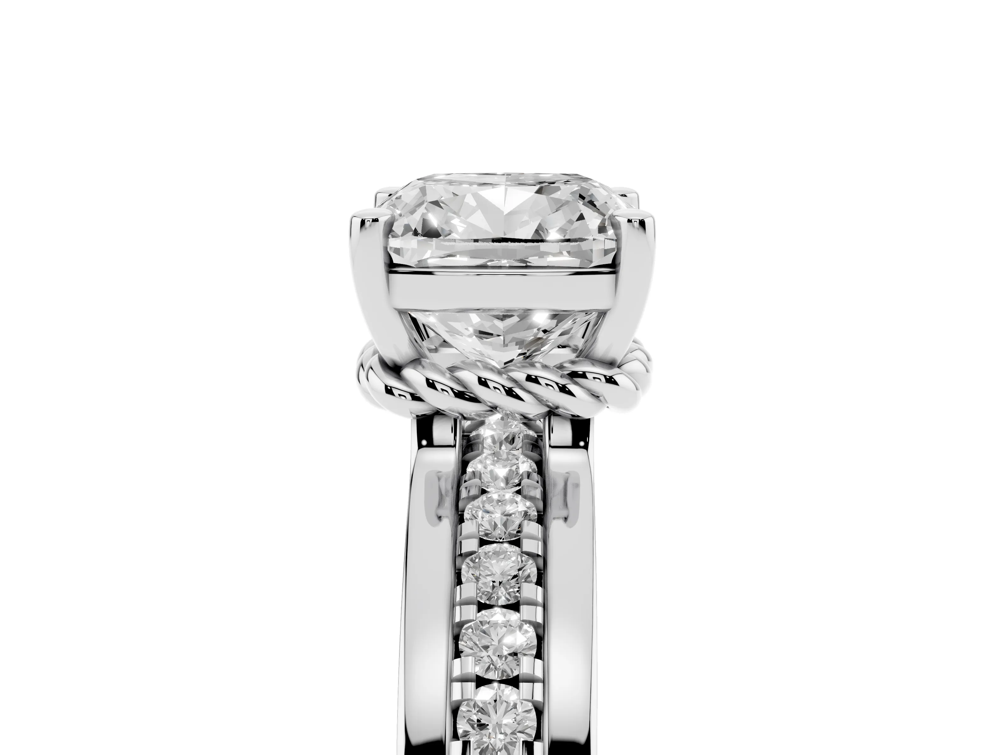 Cushion Cut Diamond Solitaire Ring Set in Platinum with Channel Set Band and Prong Setting