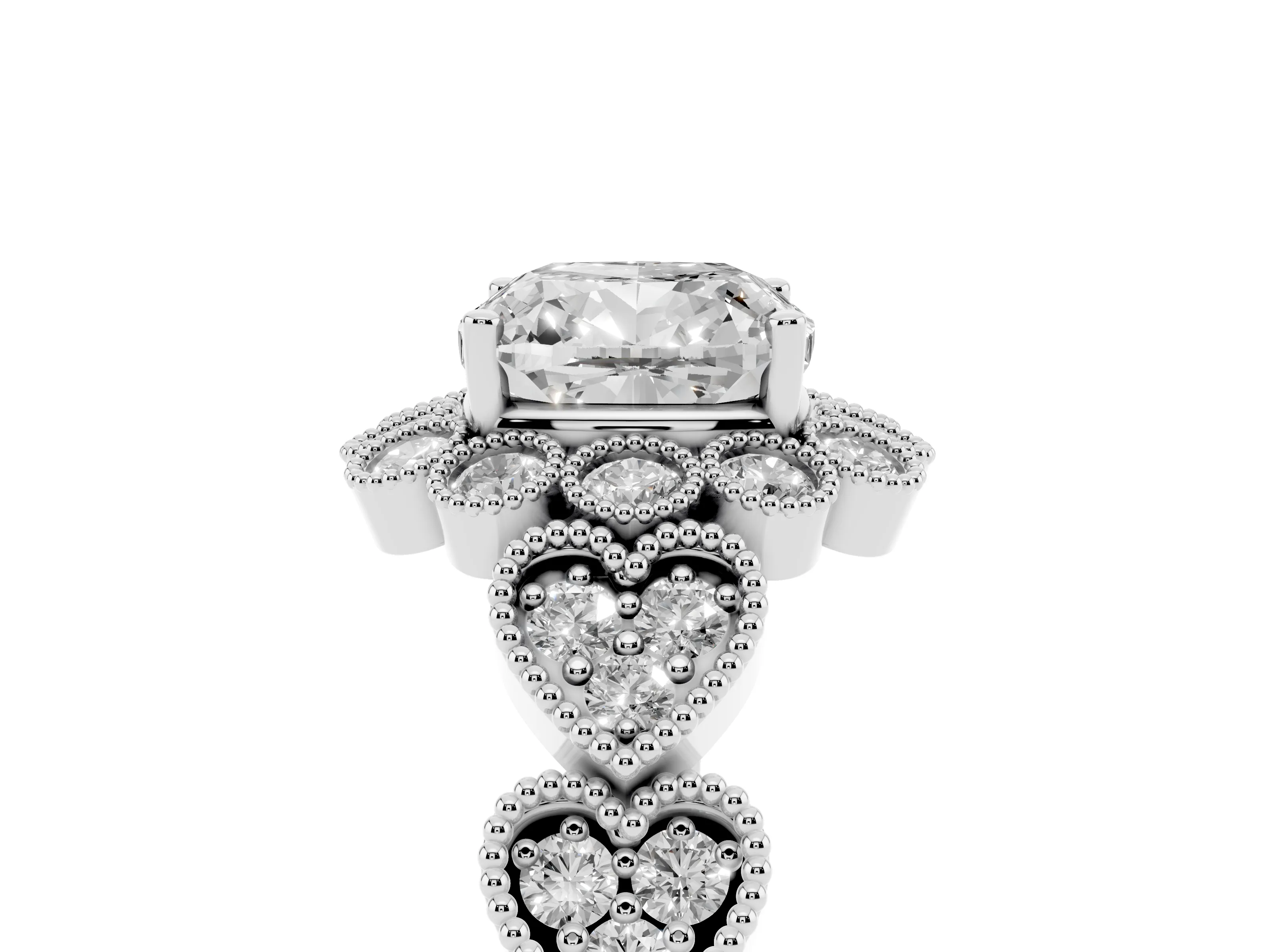 Cushion Cut Diamond Solitaire Ring Set in Platinum with Milgrain Pavé Heart Band