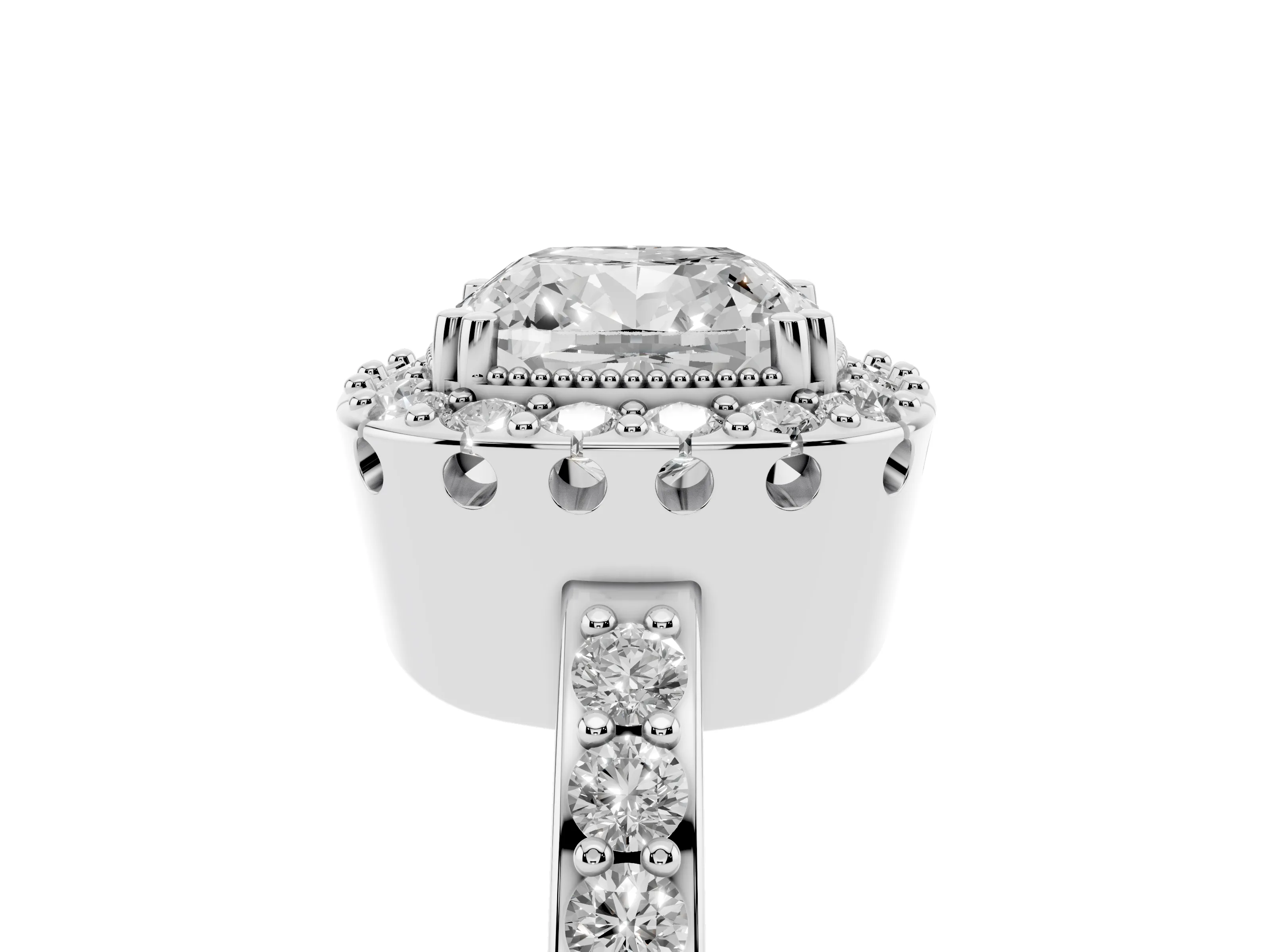 Cushion Cut Diamond Halo Ring Set in White gold with Pavé Shank and Prong Setting