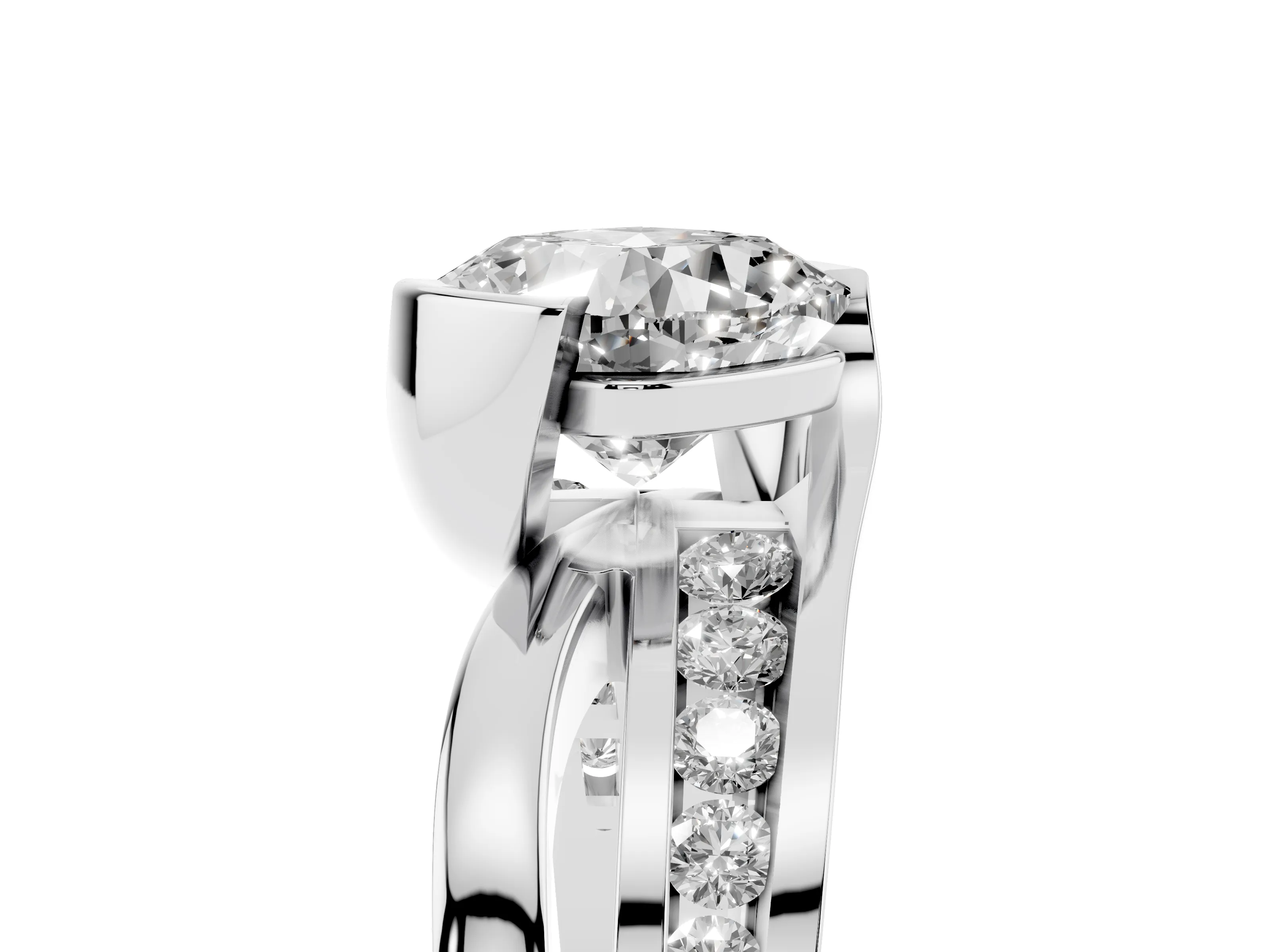 Cushion Cut Diamond Solitaire Ring Set in Silver with Channel Set Split Shank and Tension Prongs