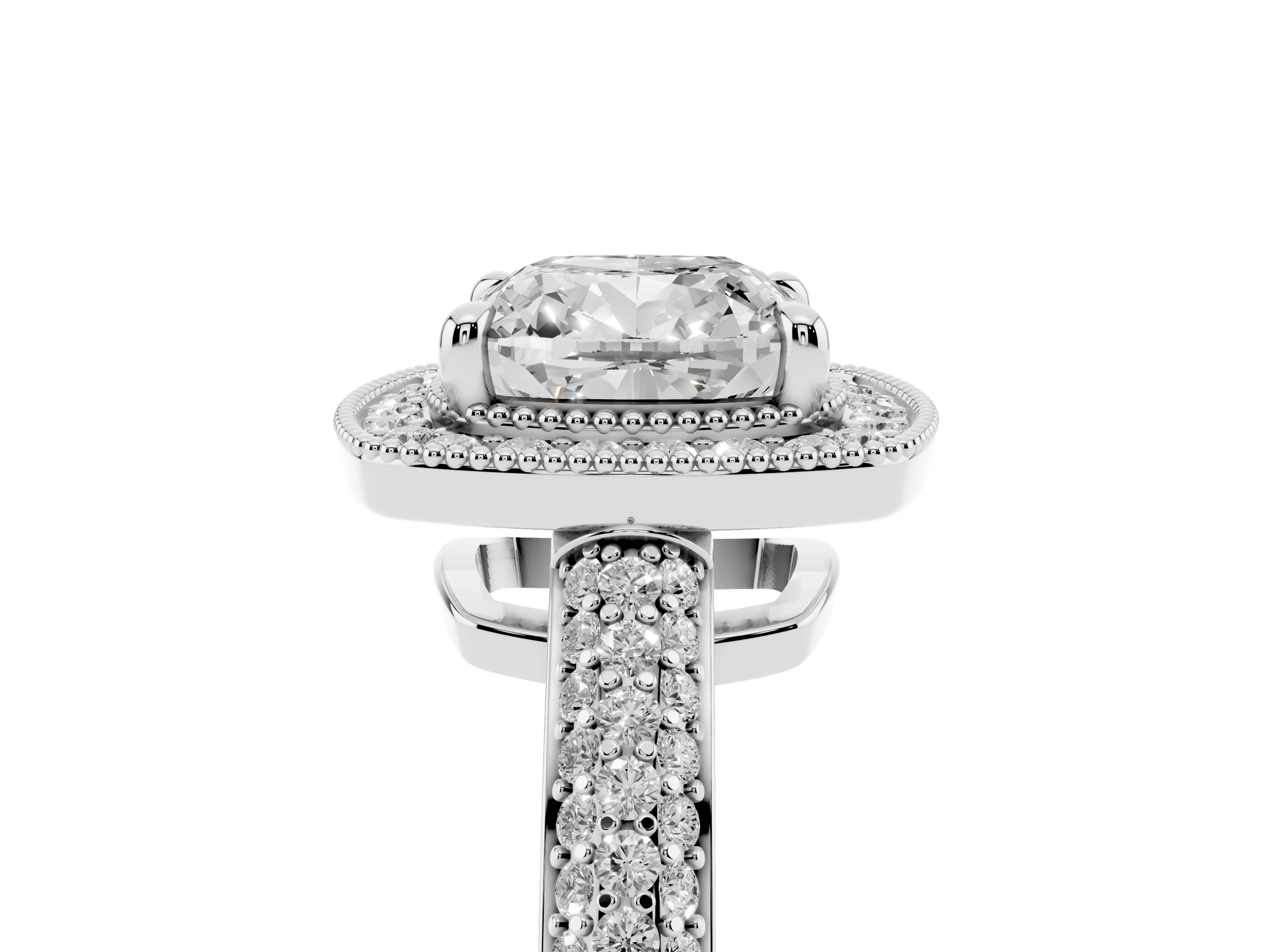 Cushion Cut Diamond Halo Pavé Band Set in Platinum with Prong Setting