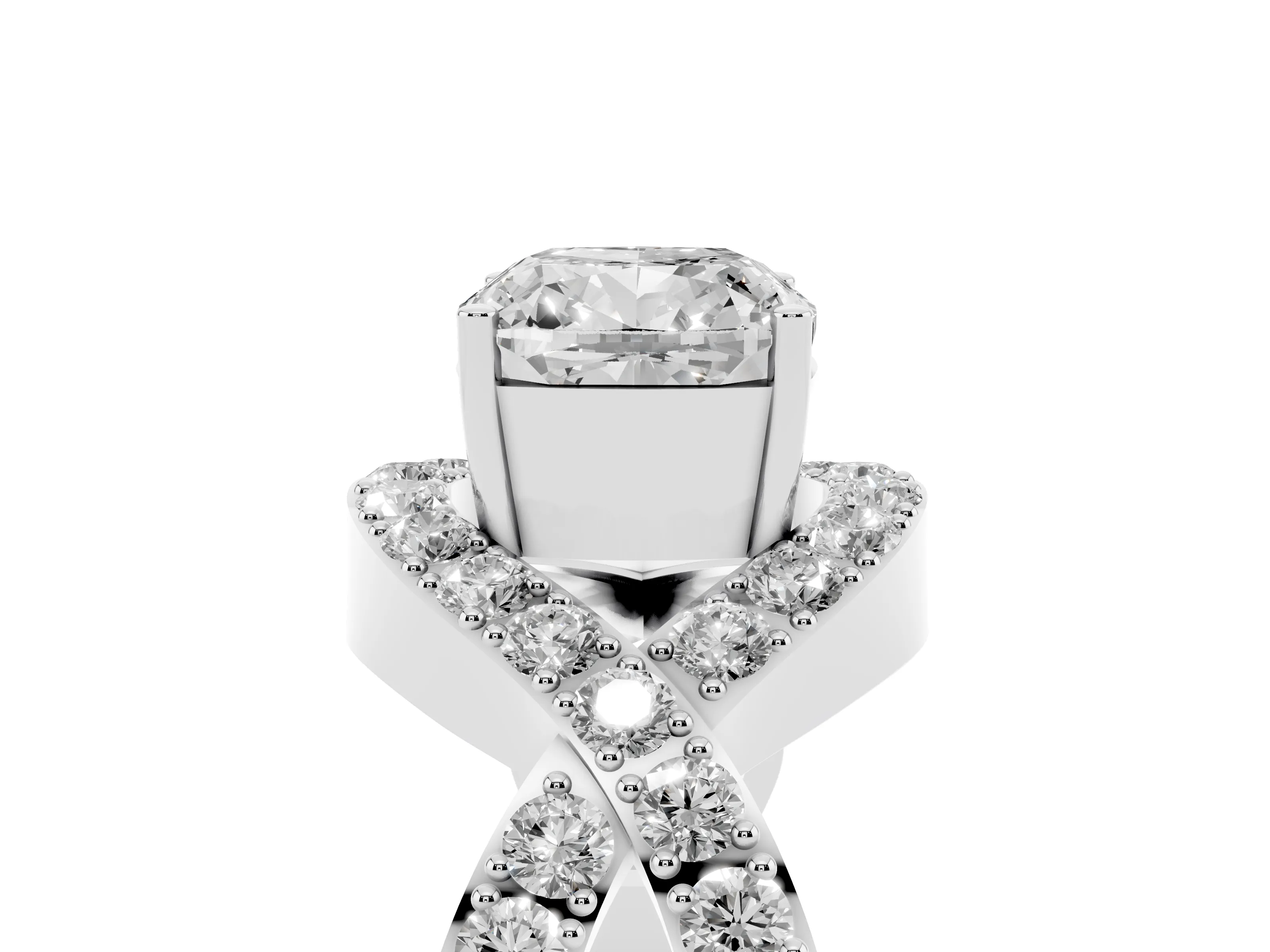 Cushion Cut Diamond Solitaire Twist Band Pavé Engagement Ring Set in Platinum