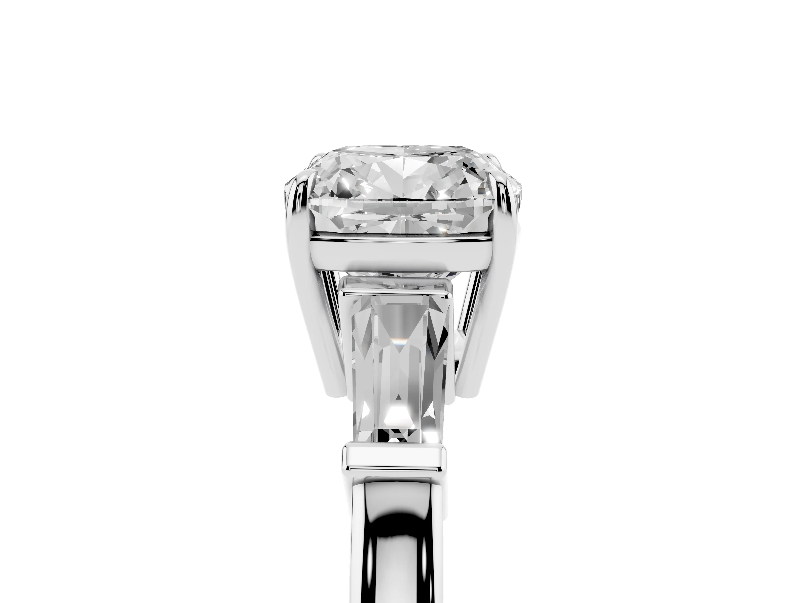 Cushion Cut Diamond Three-Stone Ring Set in Platinum with Tapered Baguette Side Stones and Prong Setting