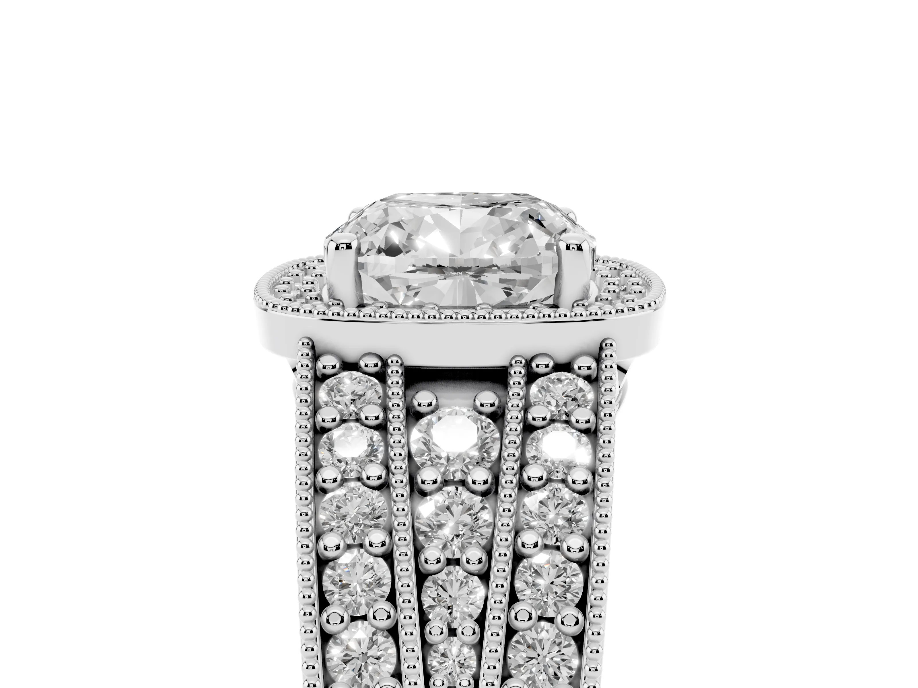 Cushion Cut Diamond Halo Ring Set in Silver with Accent Split Shank and Prong Setting