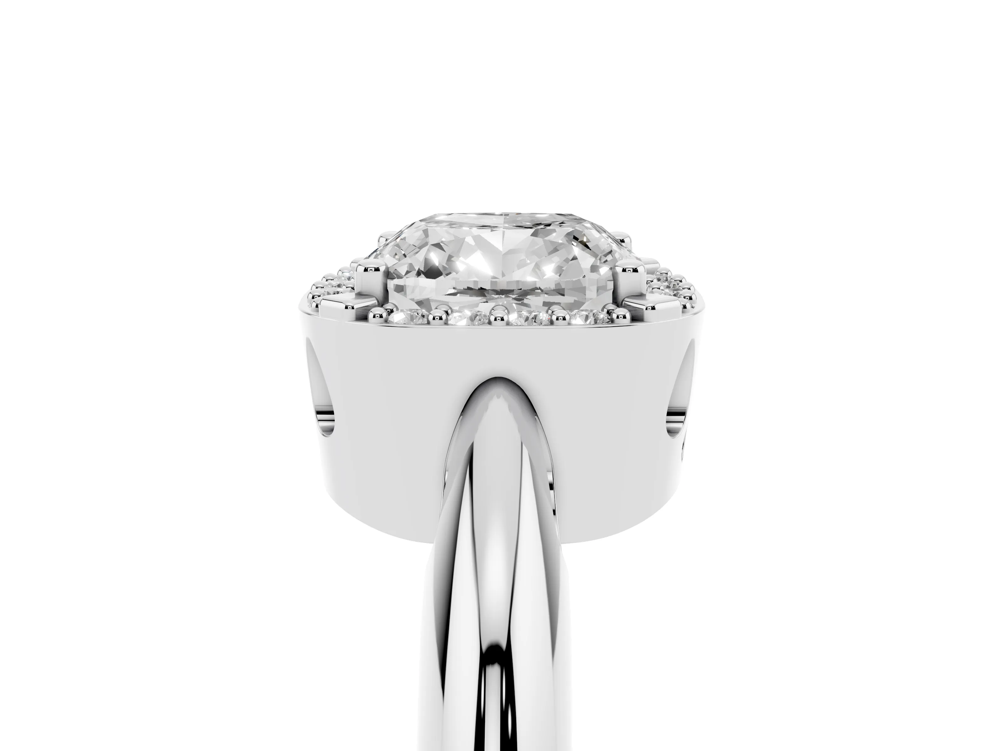 Cushion Cut Diamond Halo Engagement Ring Set in Platinum with Plain Split Shank and Prong Setting