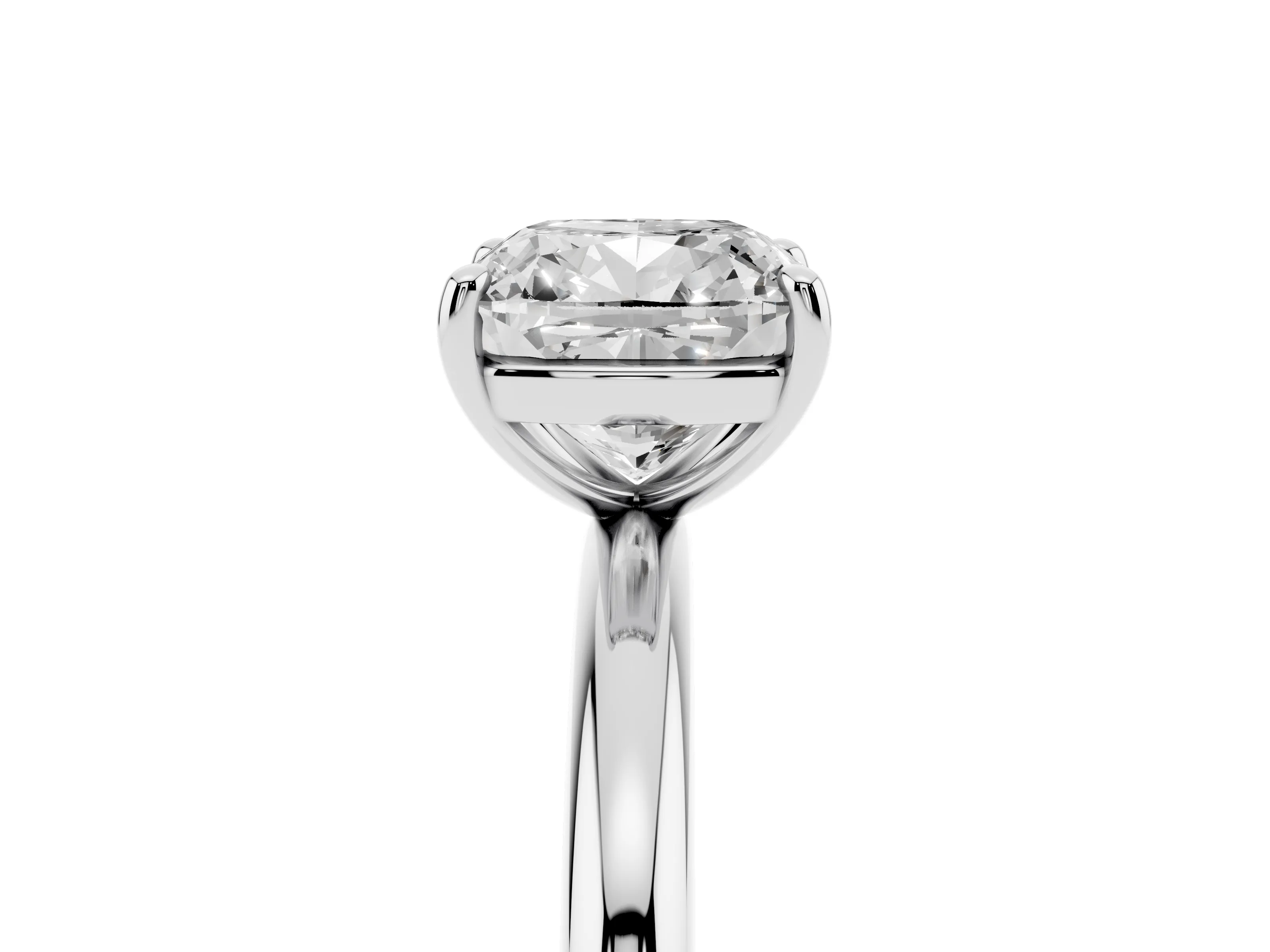 Cushion Cut Diamond Solitaire Ring Set in White gold with Prong Setting on a Polished Plain Band