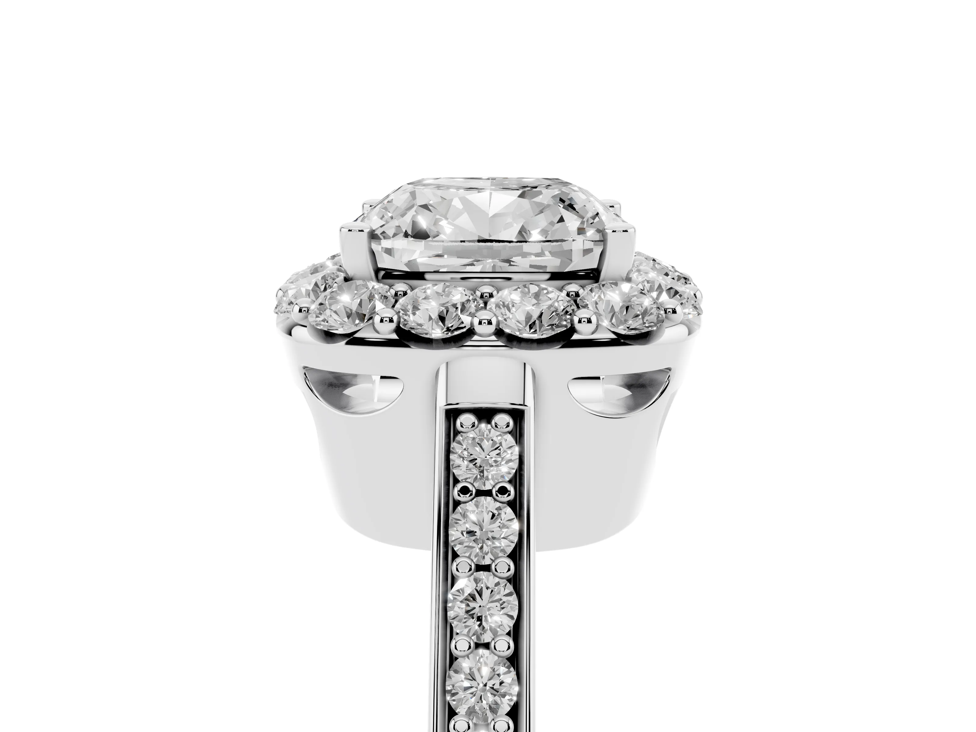 Cushion Cut Diamond Floral Halo Ring Set in White gold with Pavé Band and Prong Setting
