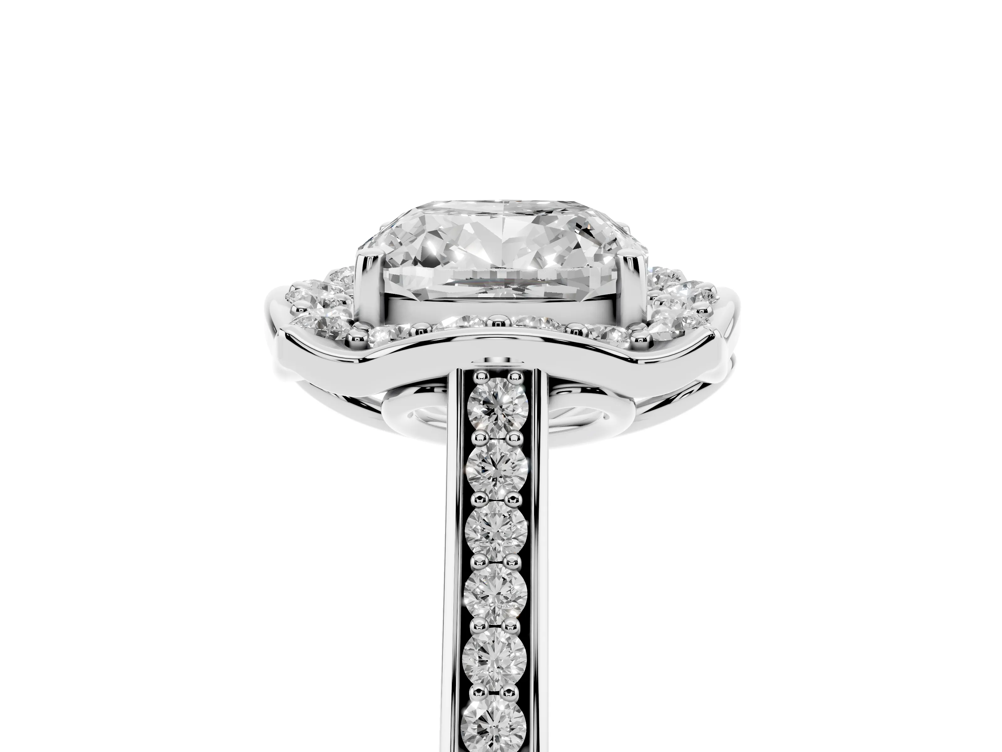Cushion Cut Diamond Halo Ring Set in White gold with Pavé-Lined Shoulders and Prong Setting