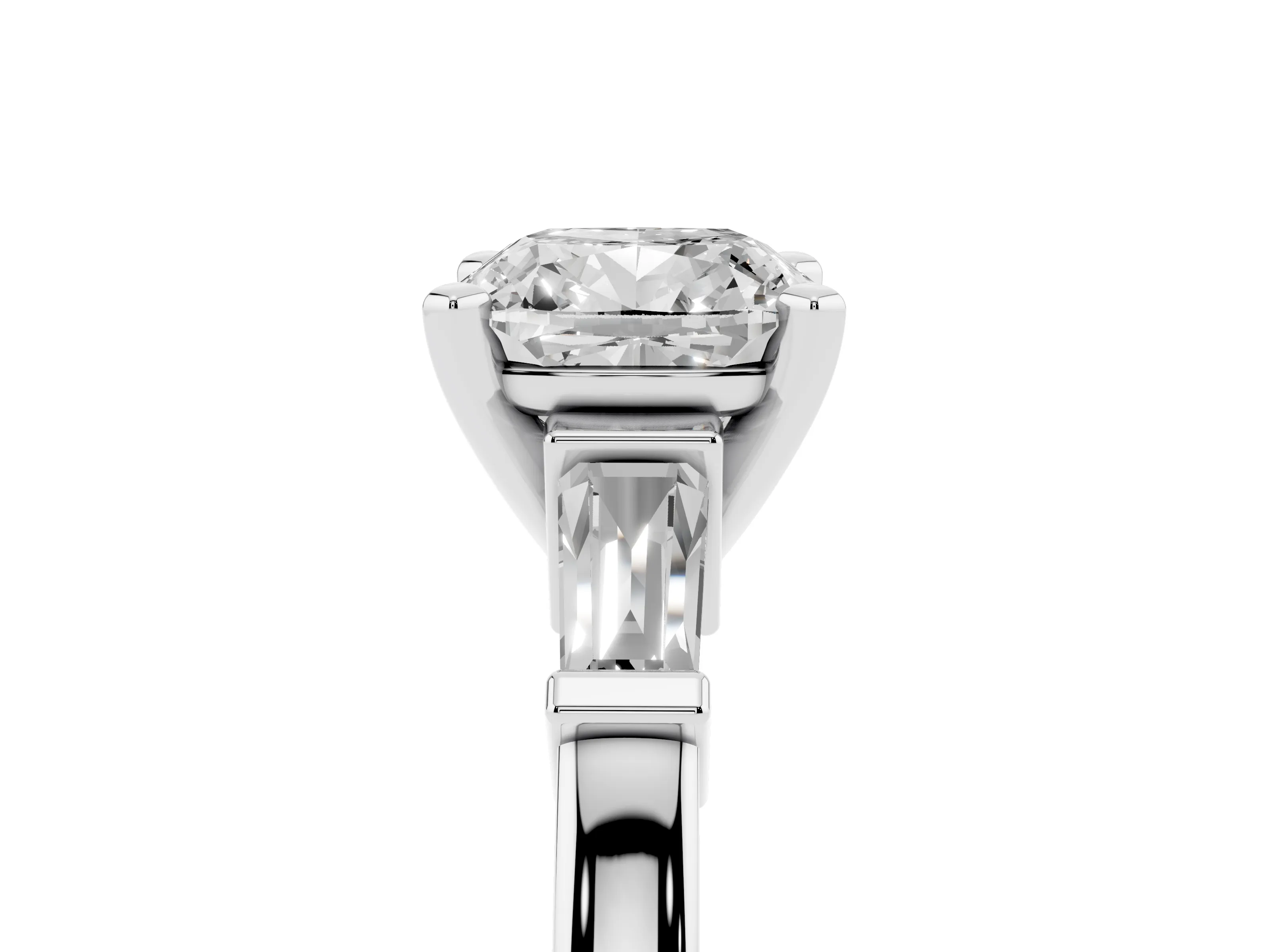 Cushion Cut Diamond Solitaire Ring Set in Silver with Tapered Baguette Accents and Prong Setting
