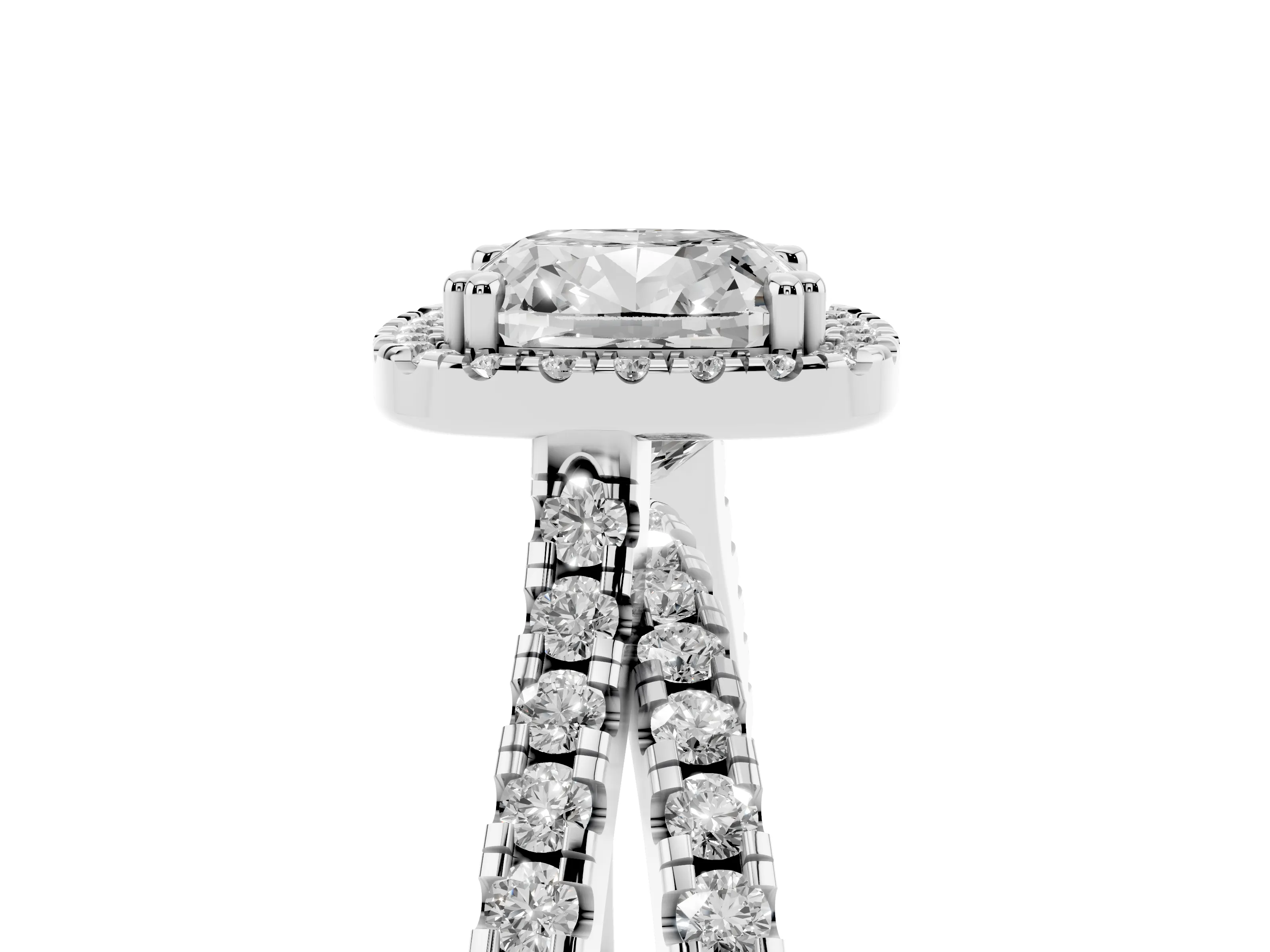 Cushion Cut Diamond Halo Split Shank Ring Set in Platinum with Pavé Setting