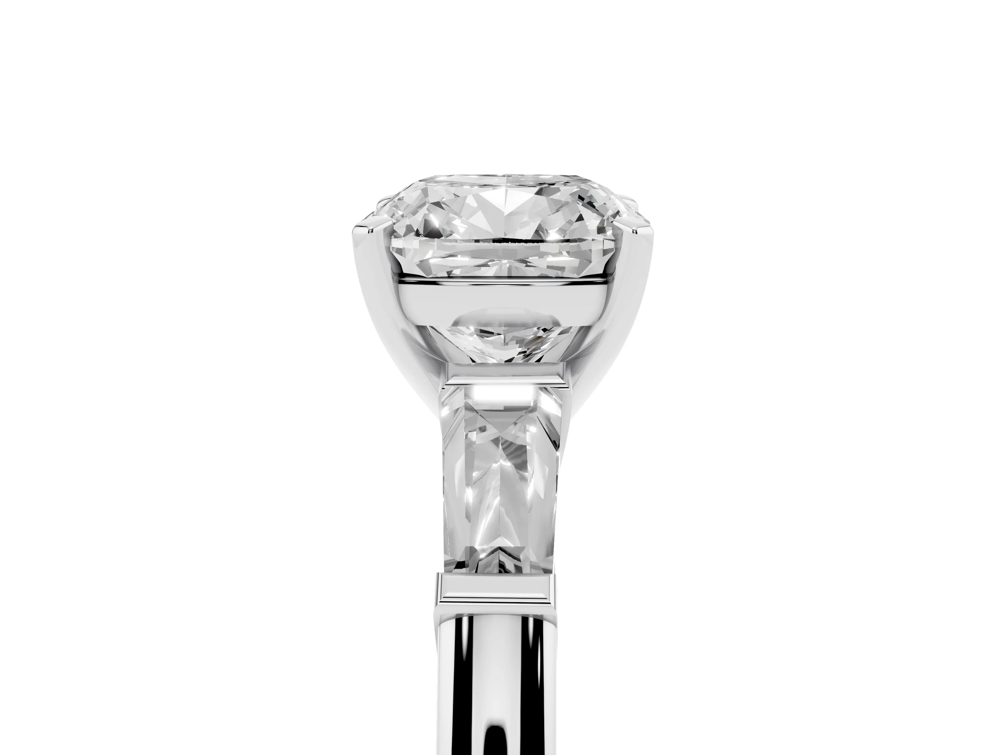 Cushion Cut Diamond Solitaire Ring Set in Platinum with Tapered Baguette Side Stones and Prong Setting