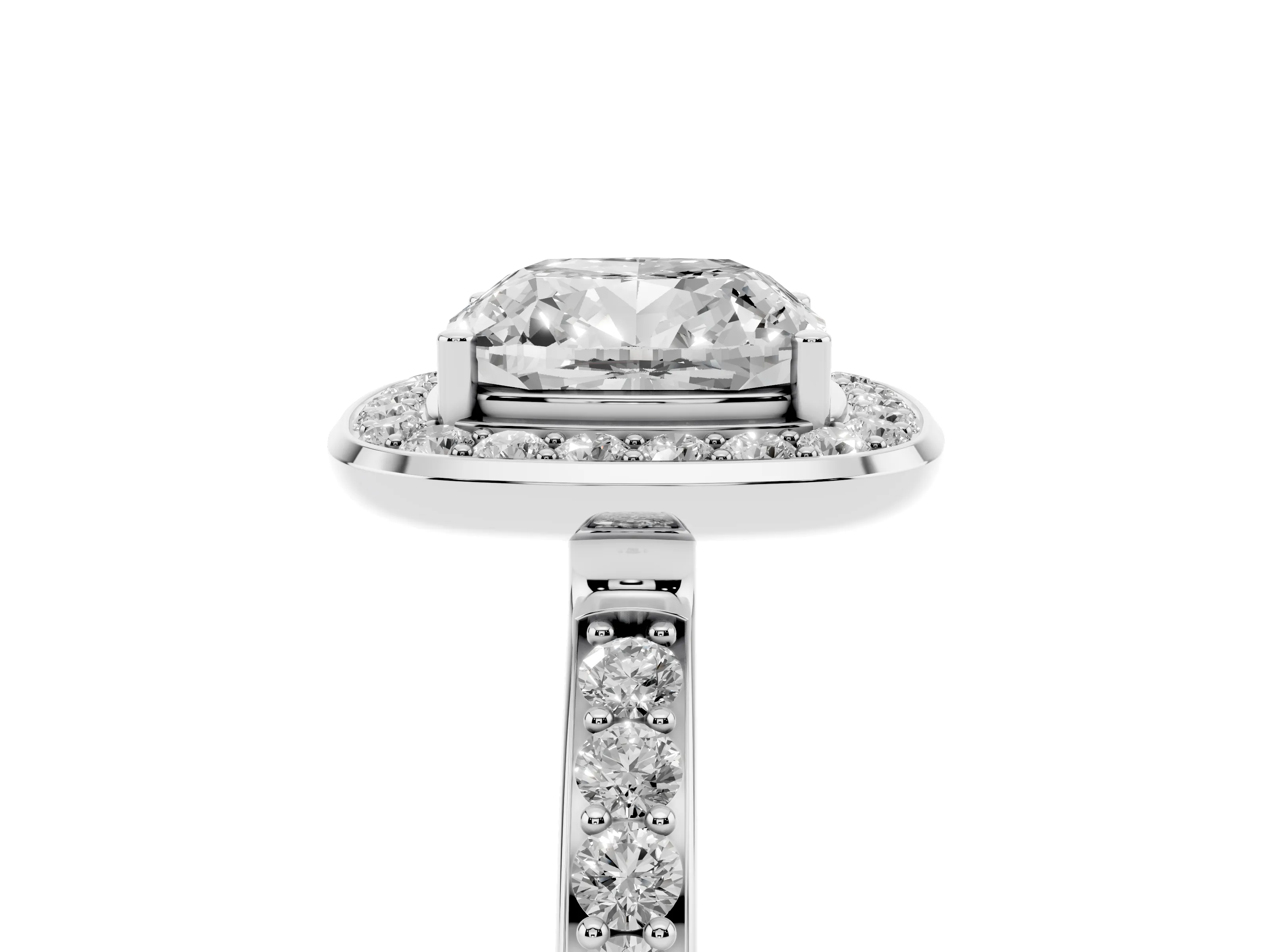 Cushion Cut Diamond Halo Ring Set in Platinum with Bezel Frame and Pavé Band