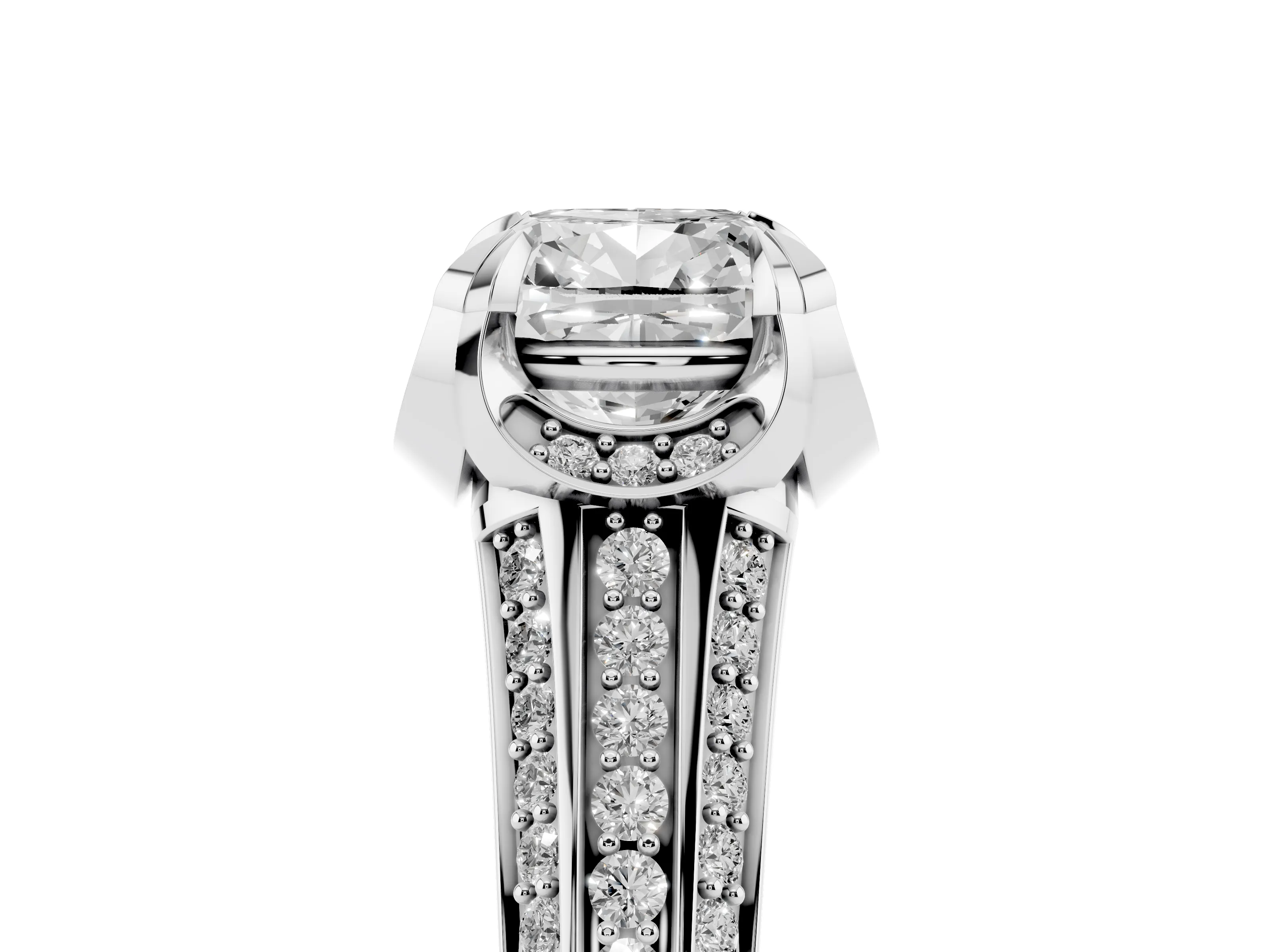 Cushion Cut Diamond Pavé Split Shank Solitaire Ring Set in Platinum with Prong Setting