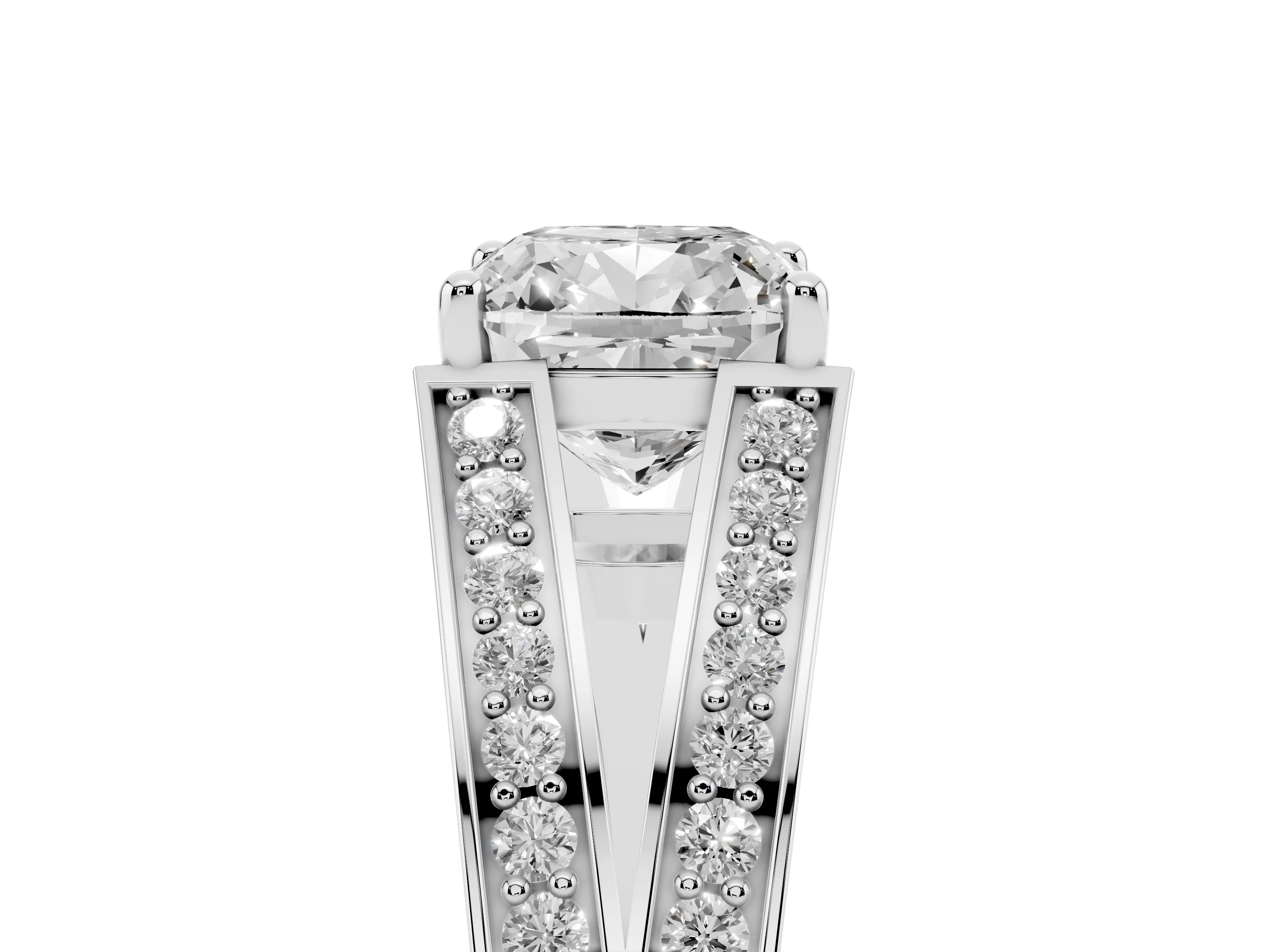 Cushion Cut Diamond Split Shank Ring Set in White gold with Pavé Band and Prong Setting