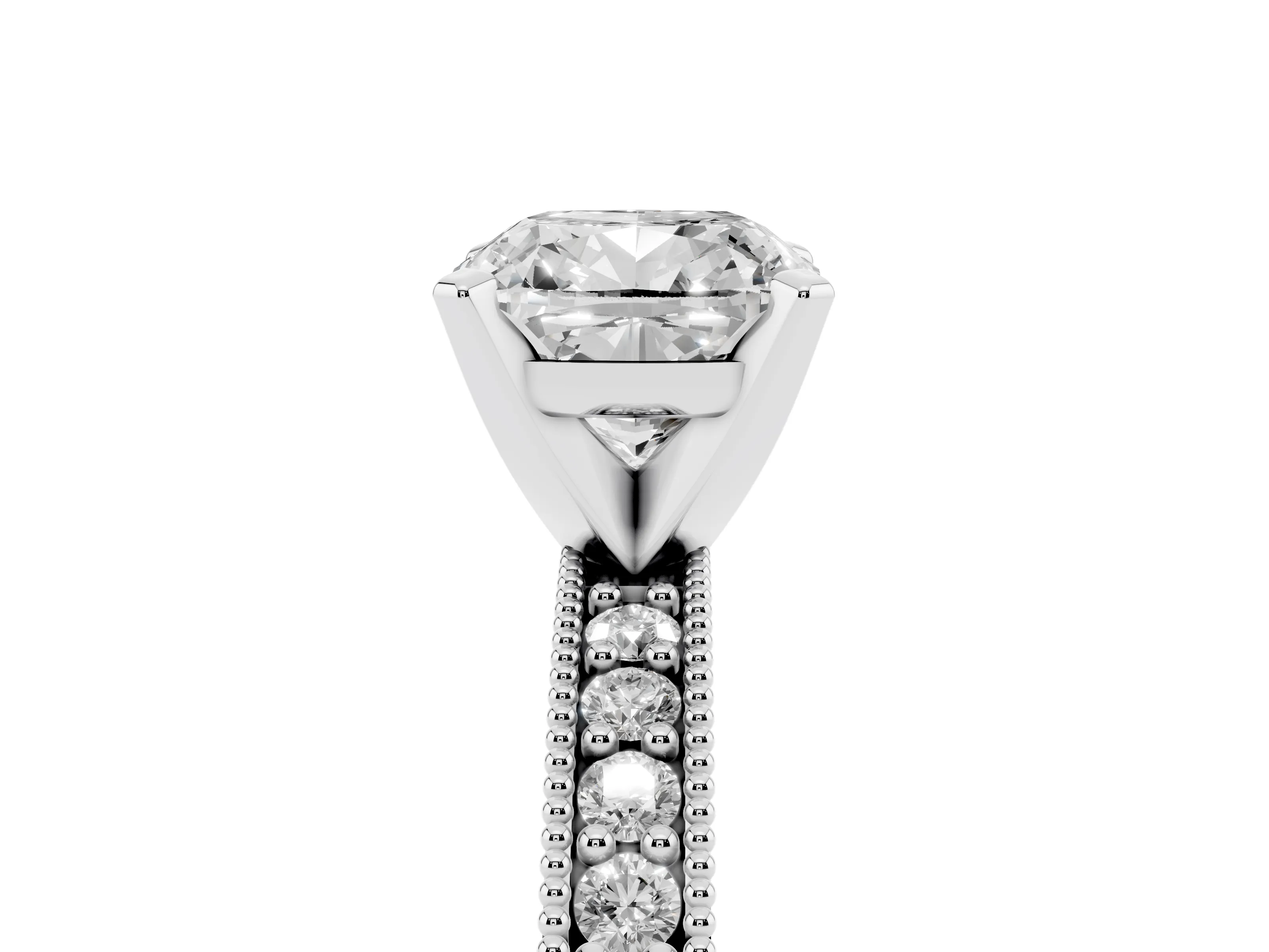 Cushion Cut Diamond Milgrain Pavé Engagement Ring Set in Silver with Prong Setting