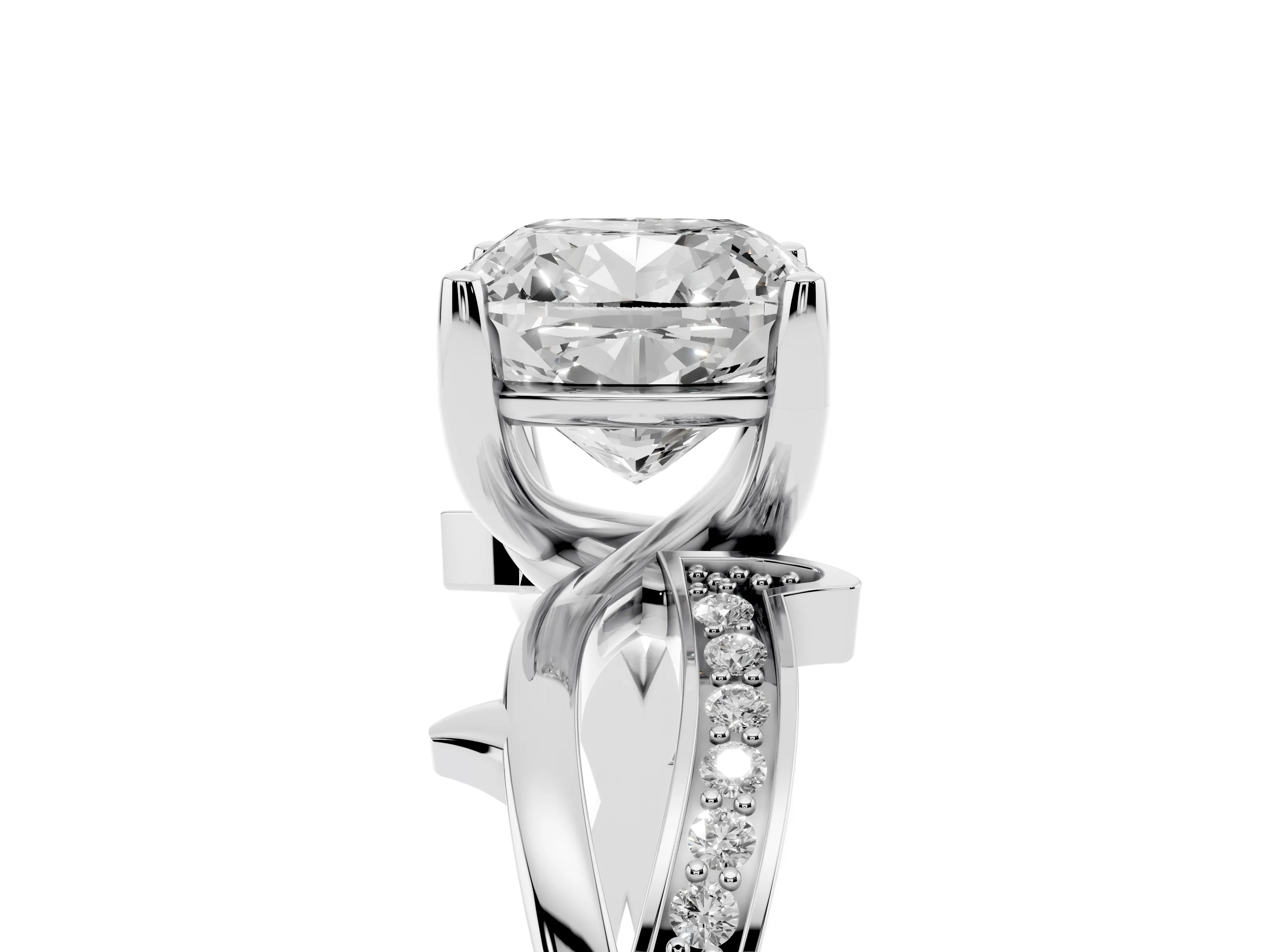 Cushion Cut Diamond Pavé Twist Band Solitaire Ring Set in Platinum with Prong Setting