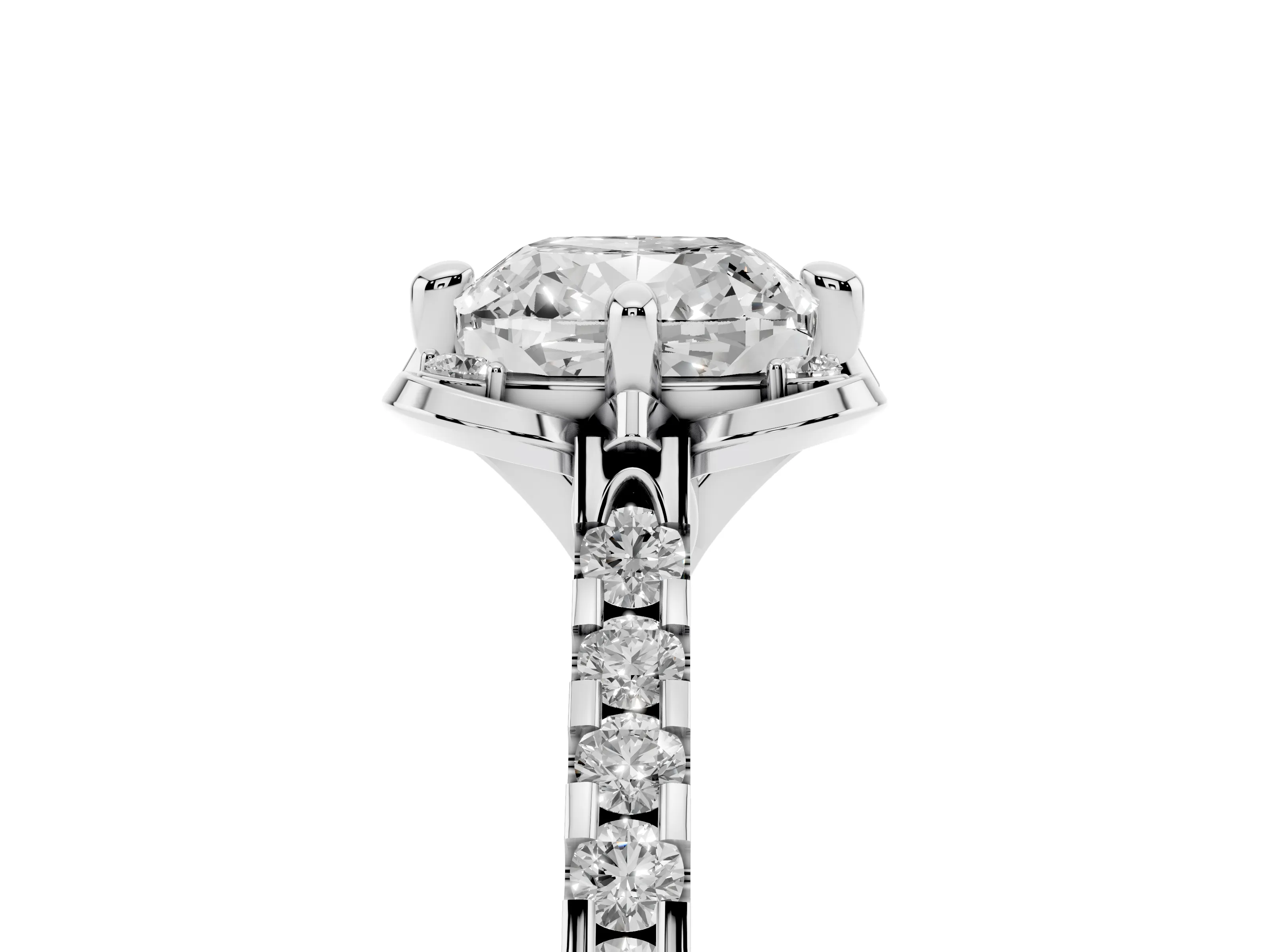 Cushion Cut Diamond Solitaire Ring Set in White gold with Pavé Band and Floral Prong Setting