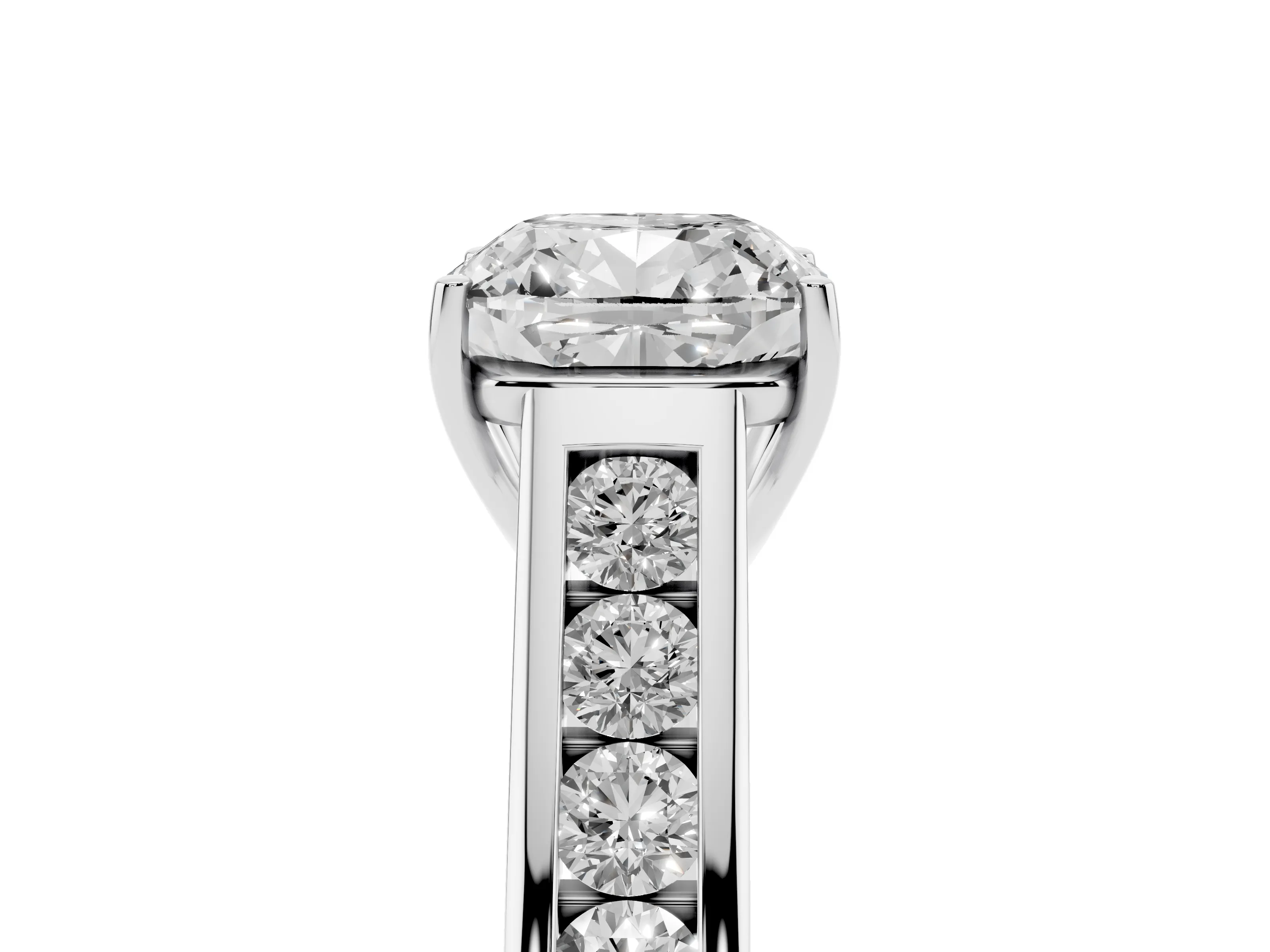 Cushion Cut Diamond Brilliant Channel-Set Solitaire Ring Set in Platinum with Prong Setting