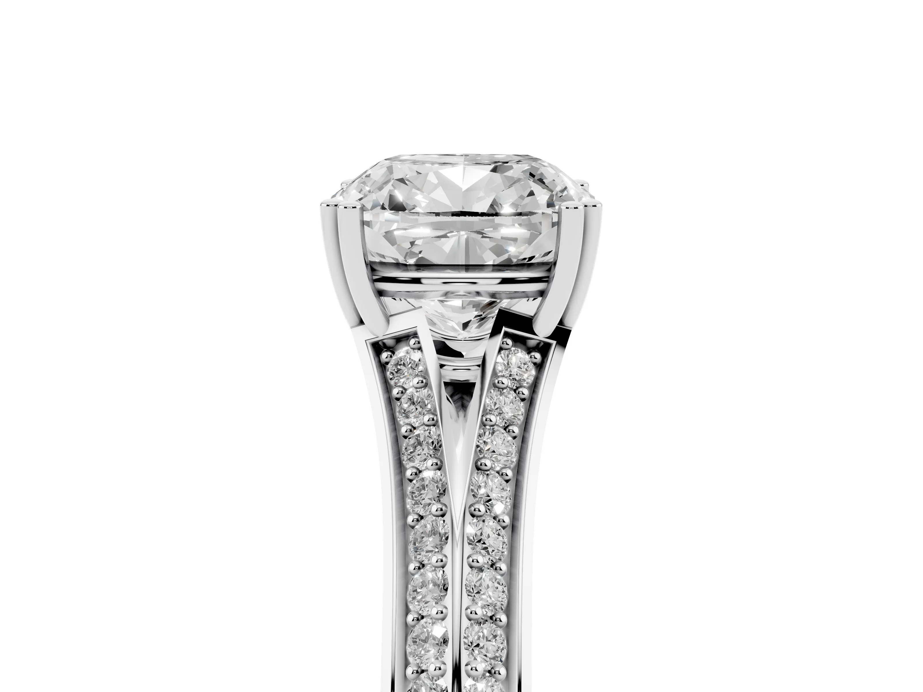Cushion Cut Diamond Split Shank Pavé Engagement Ring Set in Platinum with Prong-Set Center Stone