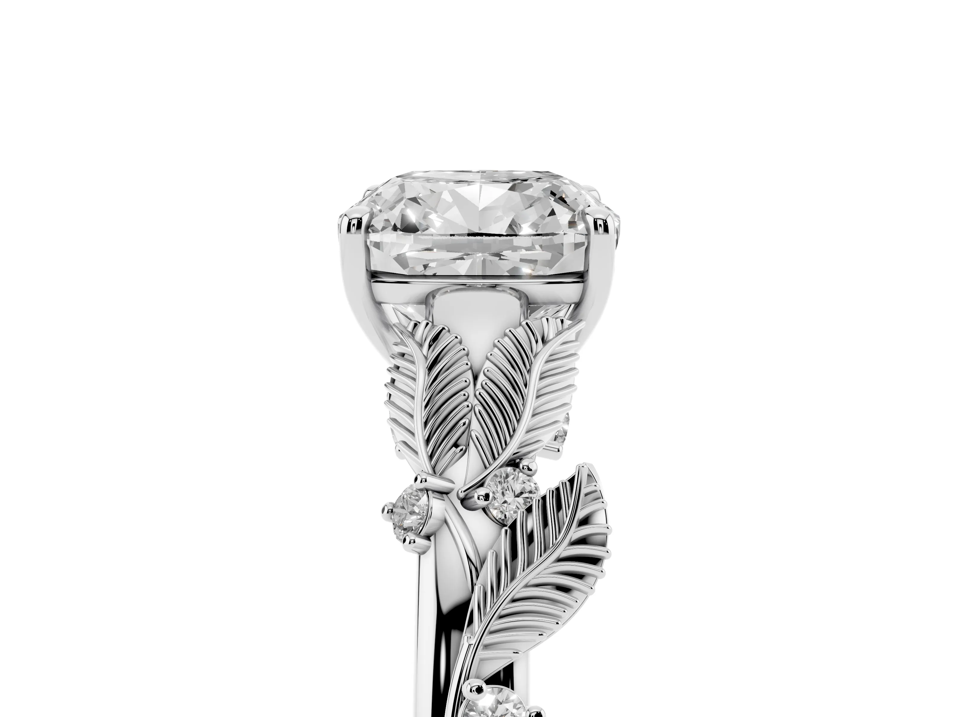 Cushion Cut Diamond Solitaire Ring Set in White gold with Leaf Motif Band