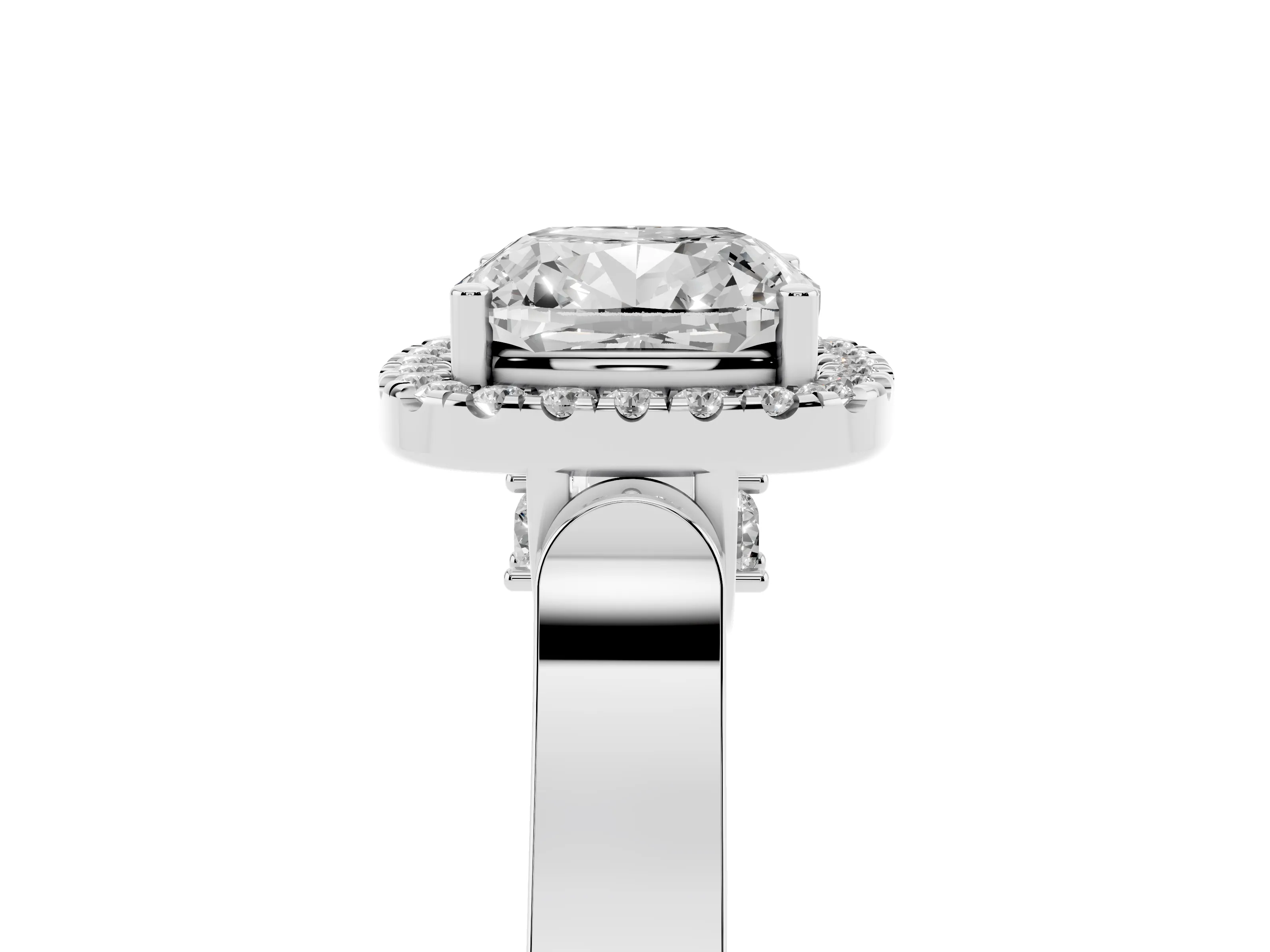 Cushion Cut Diamond Halo Ring Set in Silver with Pavé-Lined Split Shank Band