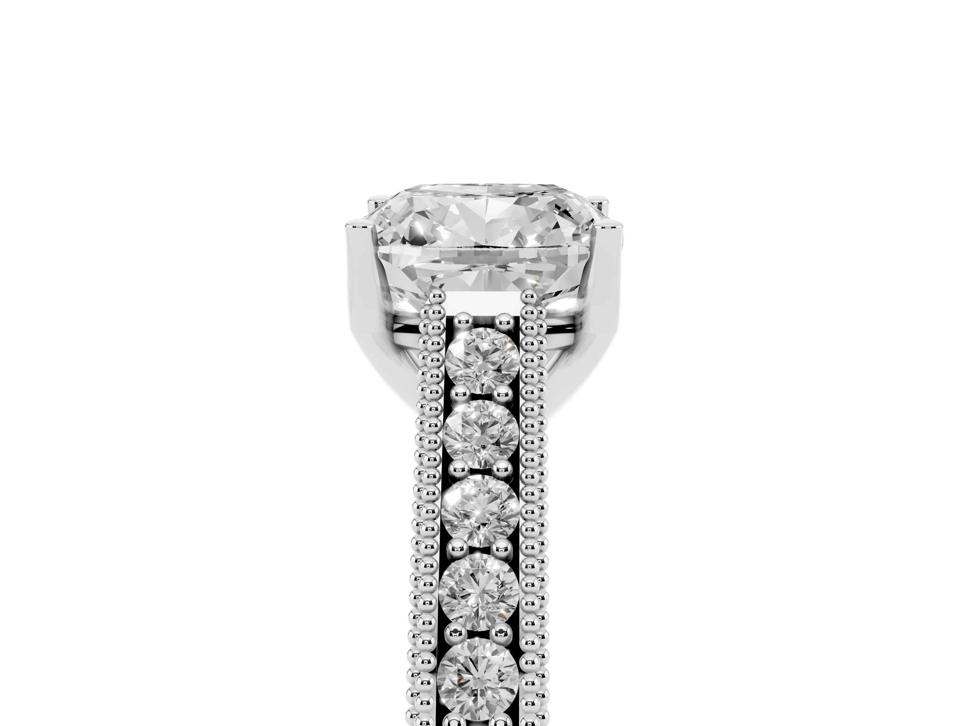 Cushion Cut Diamond Milgrain Pavé Band Solitaire Ring Set in Platinum with Prong Setting