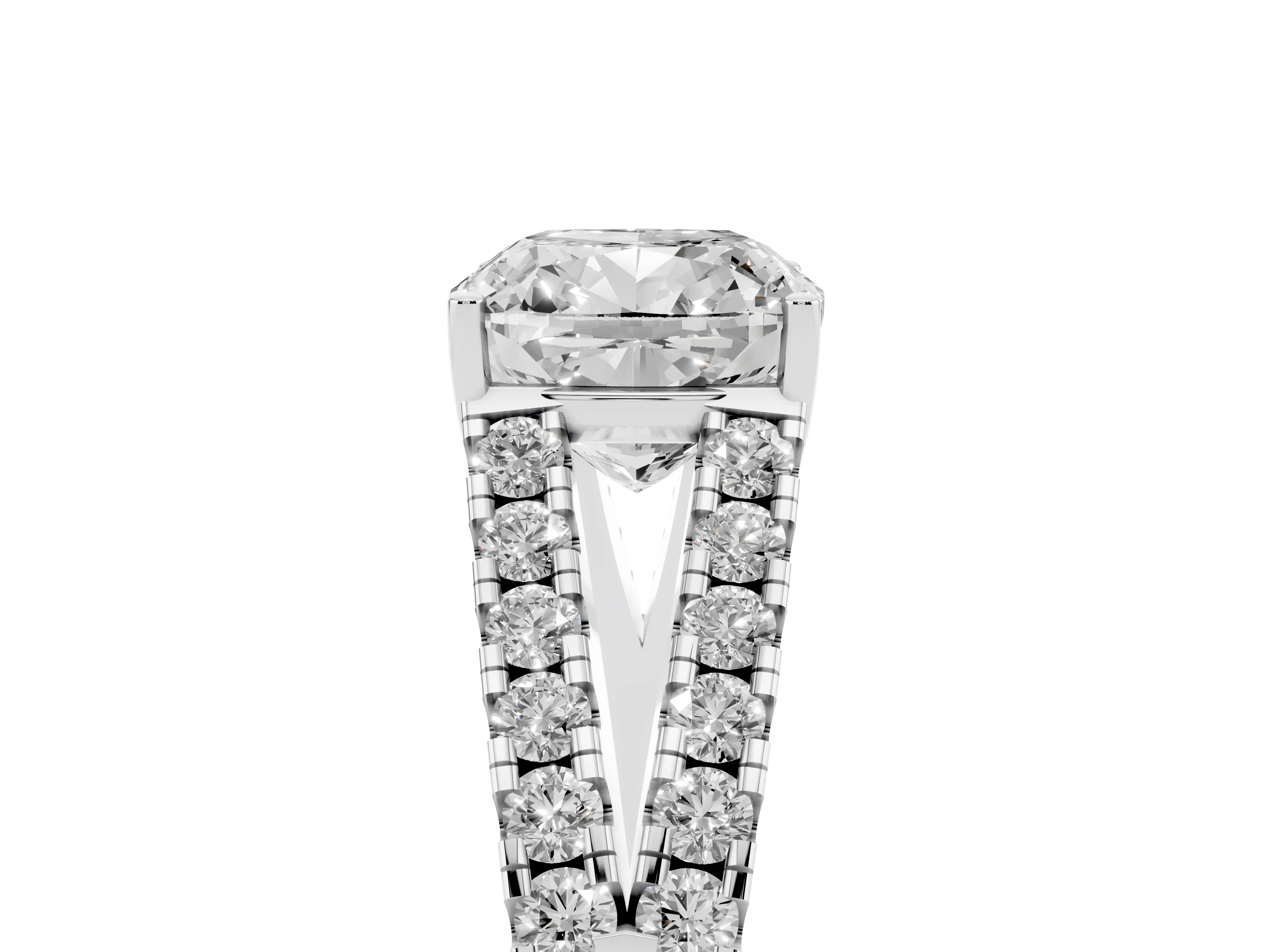 Cushion Cut Diamond Split Shank Pavé Engagement Ring Set in Platinum with Prong-Held Center Stone