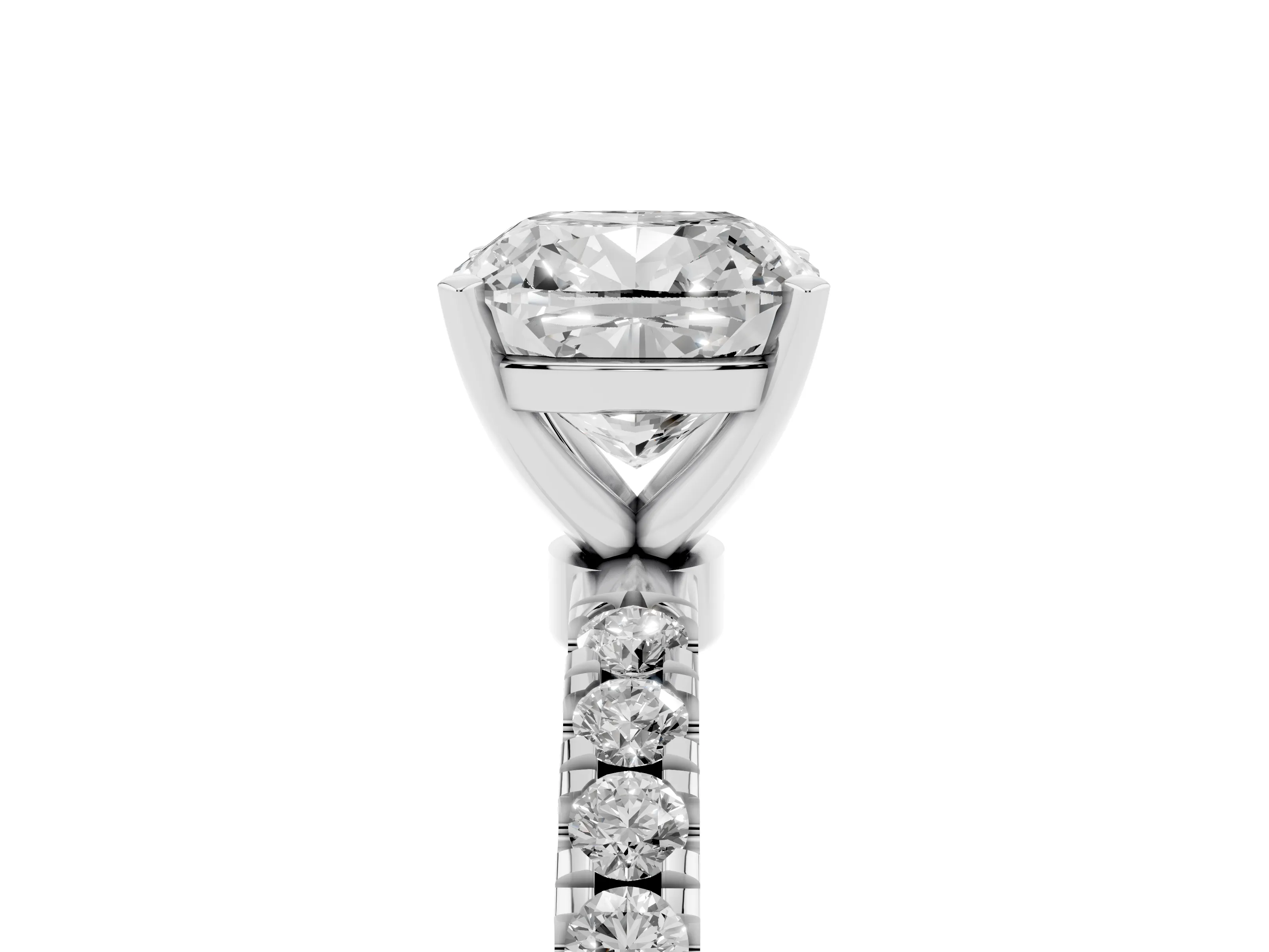 Cushion Cut Diamond Solitaire Ring Set in White gold with Pavé Accents and Prong Setting