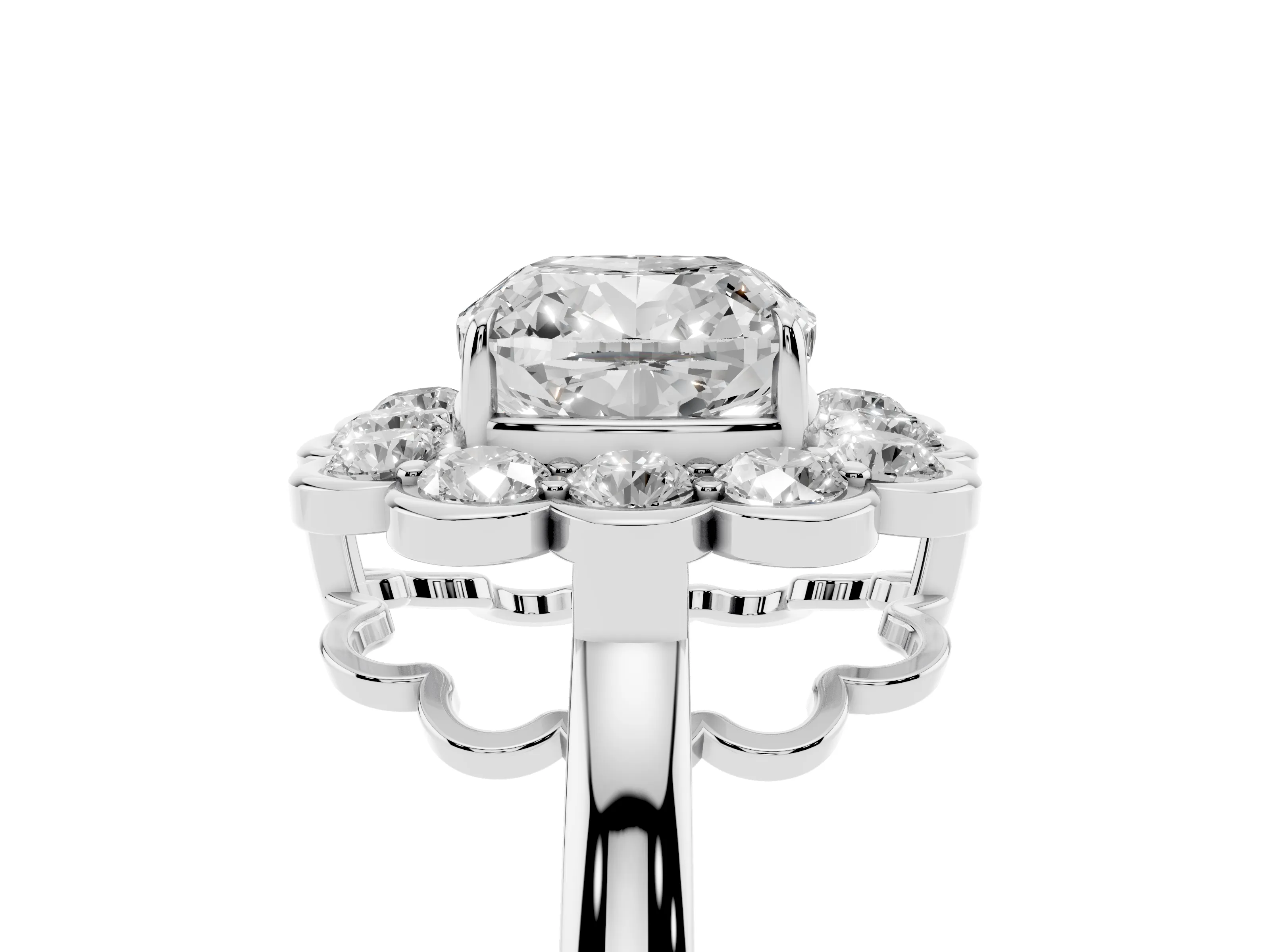 Cushion Cut Diamond Halo Cluster Engagement Ring Set in Platinum with Solitaire Band and Prong Setting