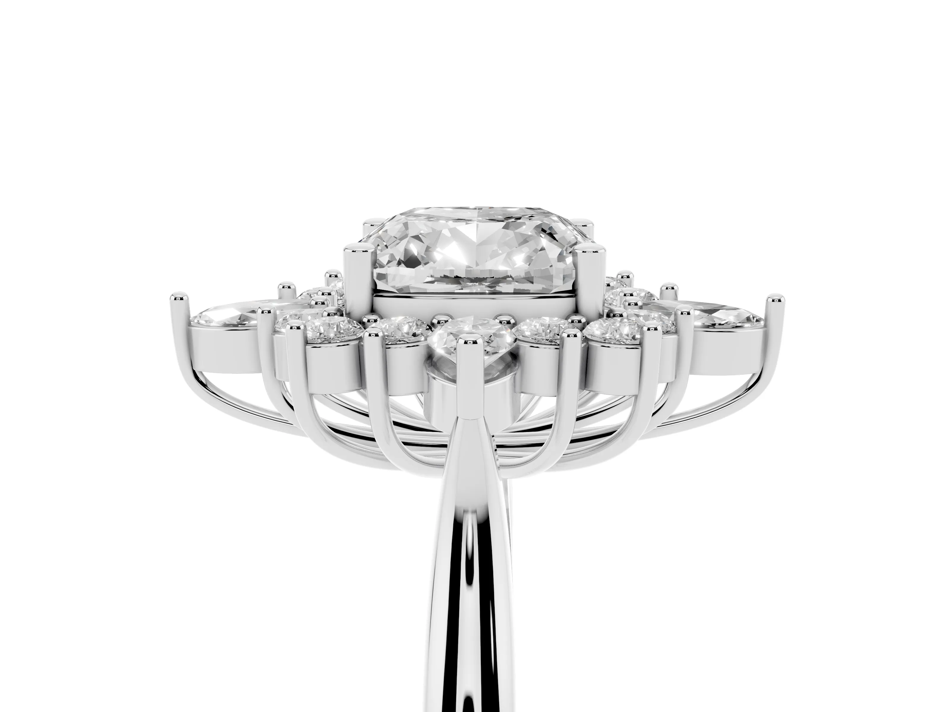 Cushion Cut Diamond Cluster Halo Ring Set in Silver with Marquise and Round Accents