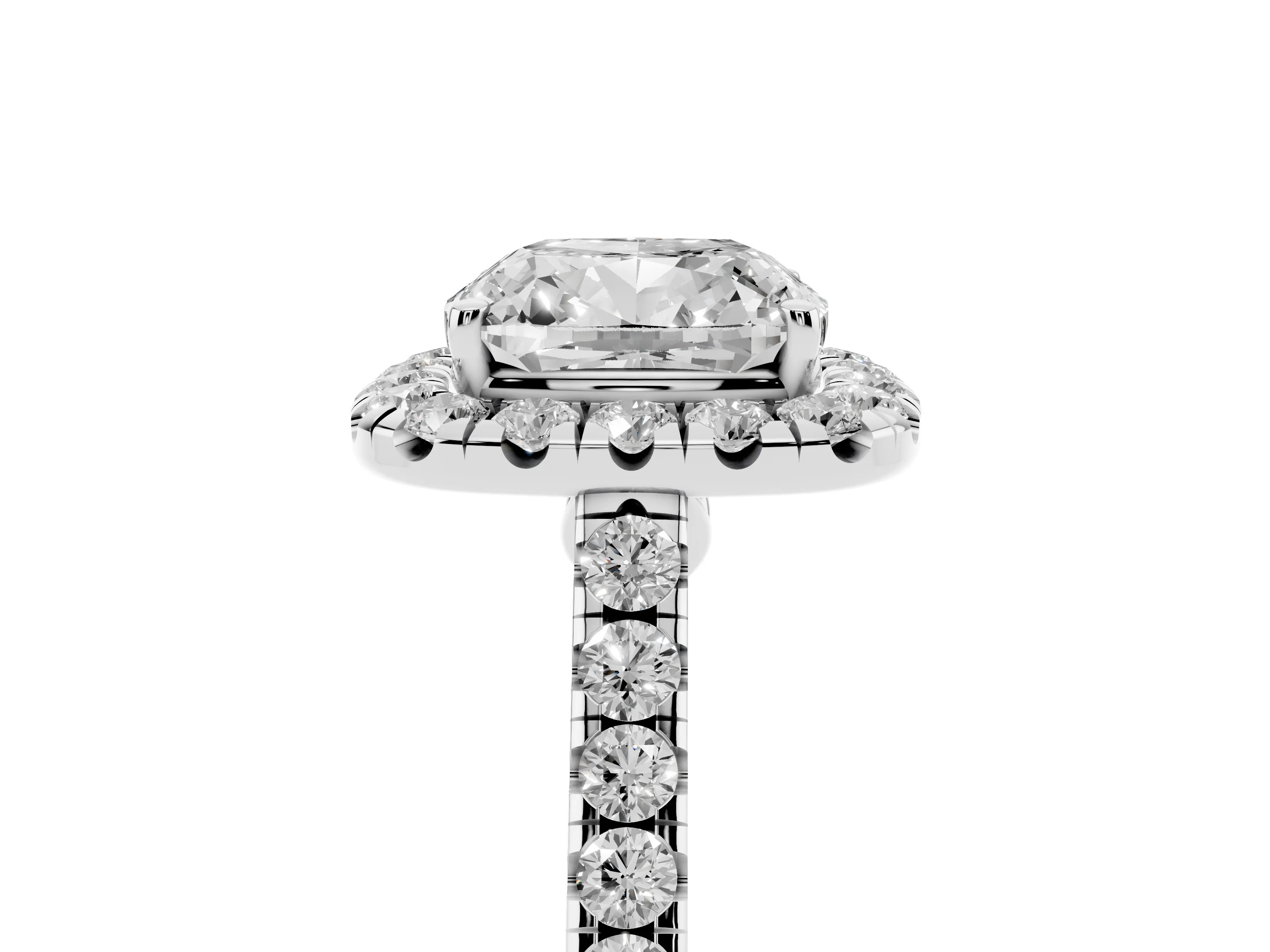 Cushion Cut Diamond Halo Pavé Engagement Ring Set in White gold with Prong Setting
