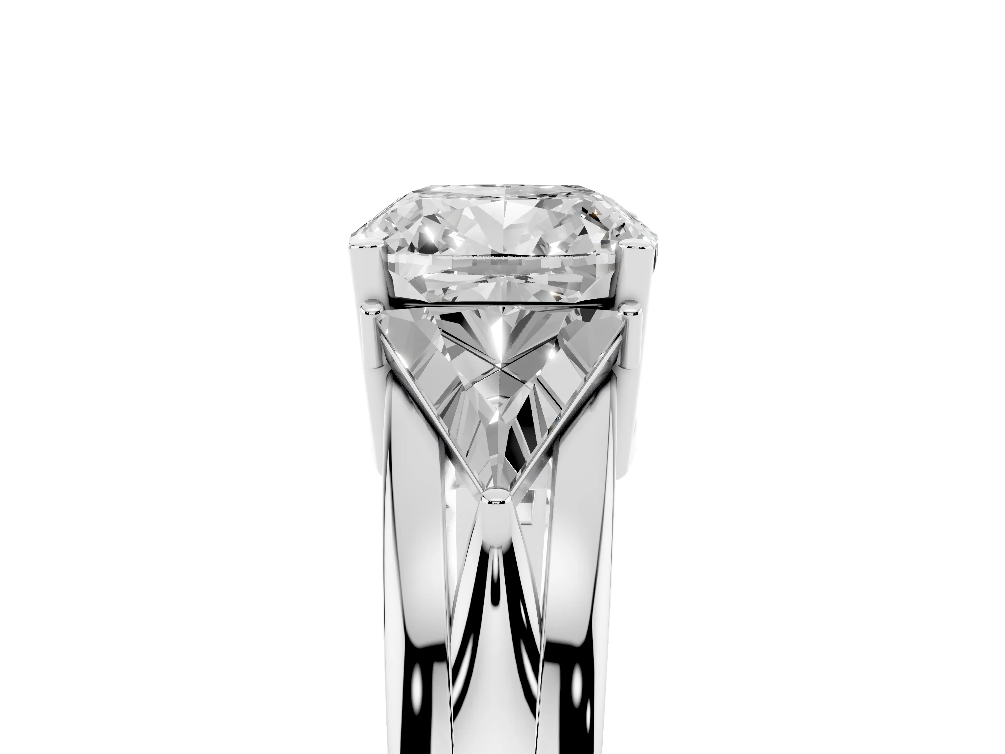 Cushion Cut Diamond Three-Stone Ring Set in Silver with Trillion Side Stones and Split Shank