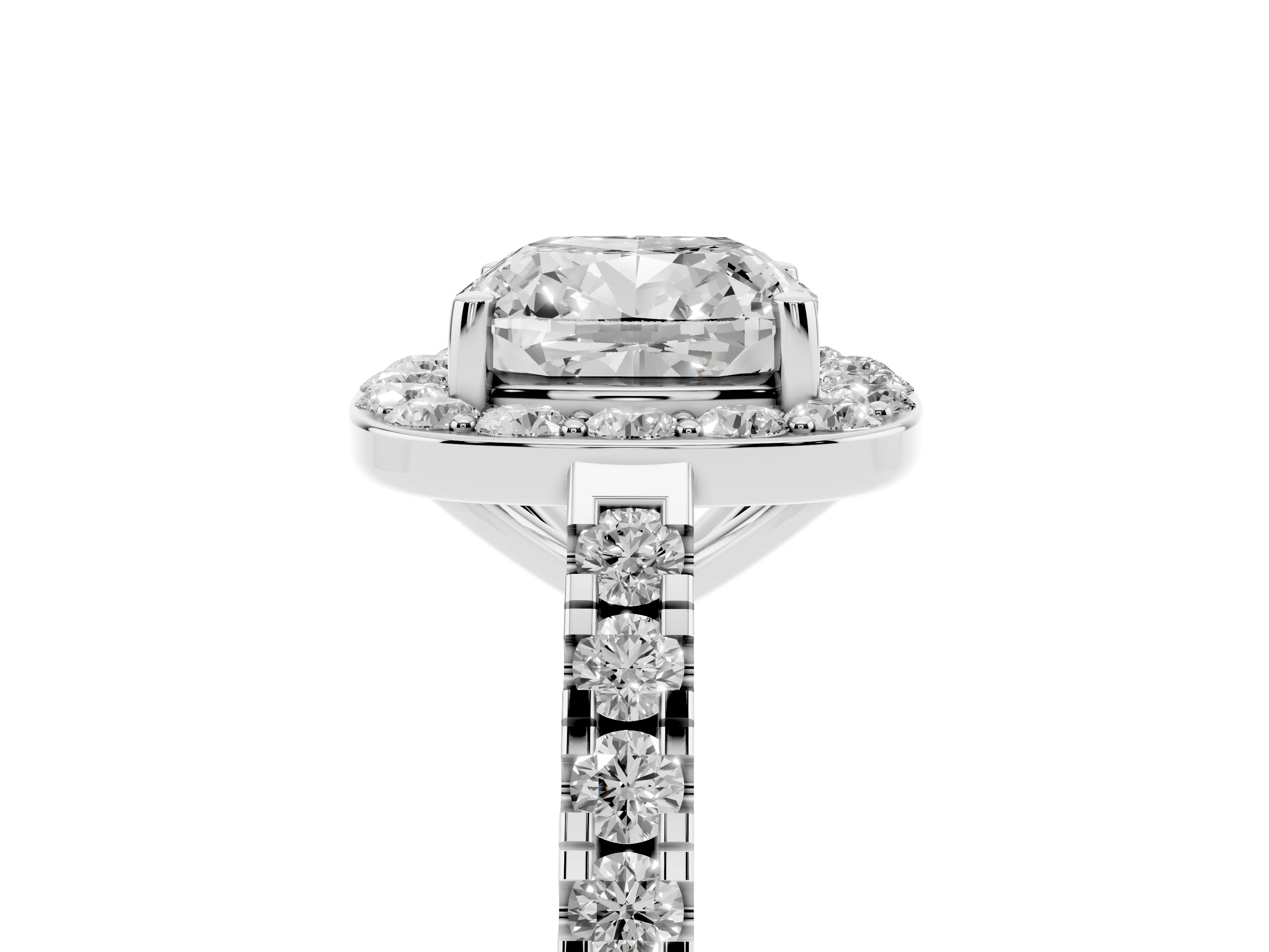 Cushion Cut Diamond Halo Ring Set in Silver with Round Pavé Split Shank and Prong Setting
