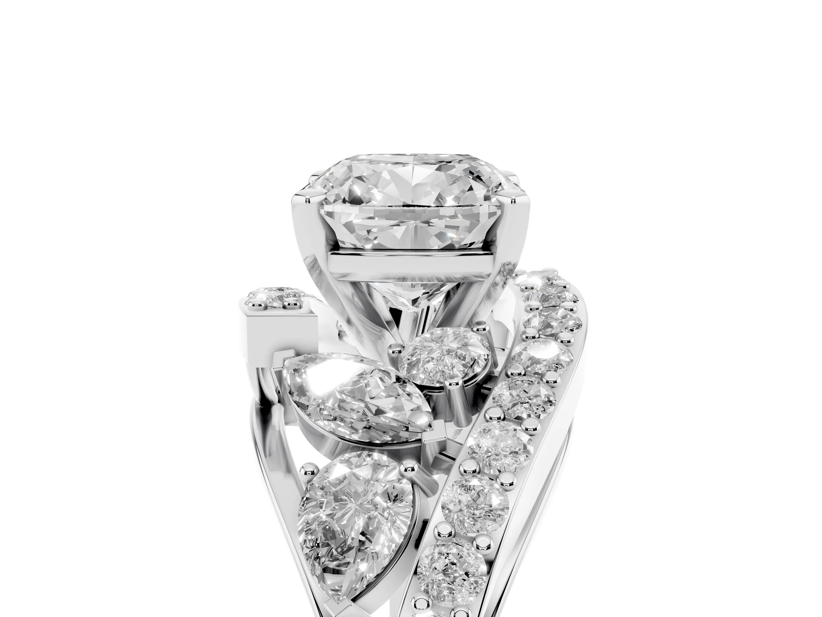 Cushion Cut Diamond Halo Ring Set in Platinum with Marquise and Pavé Band in Prong Setting