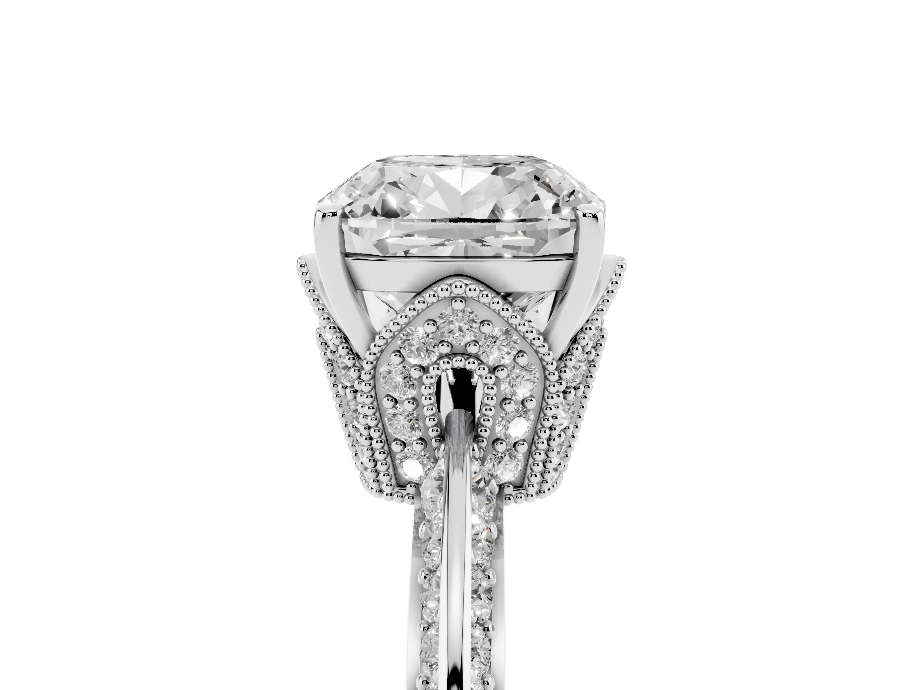Cushion Cut Diamond Solitaire Engagement Ring Set in Silver with Pavé Split Shank and Prong Setting