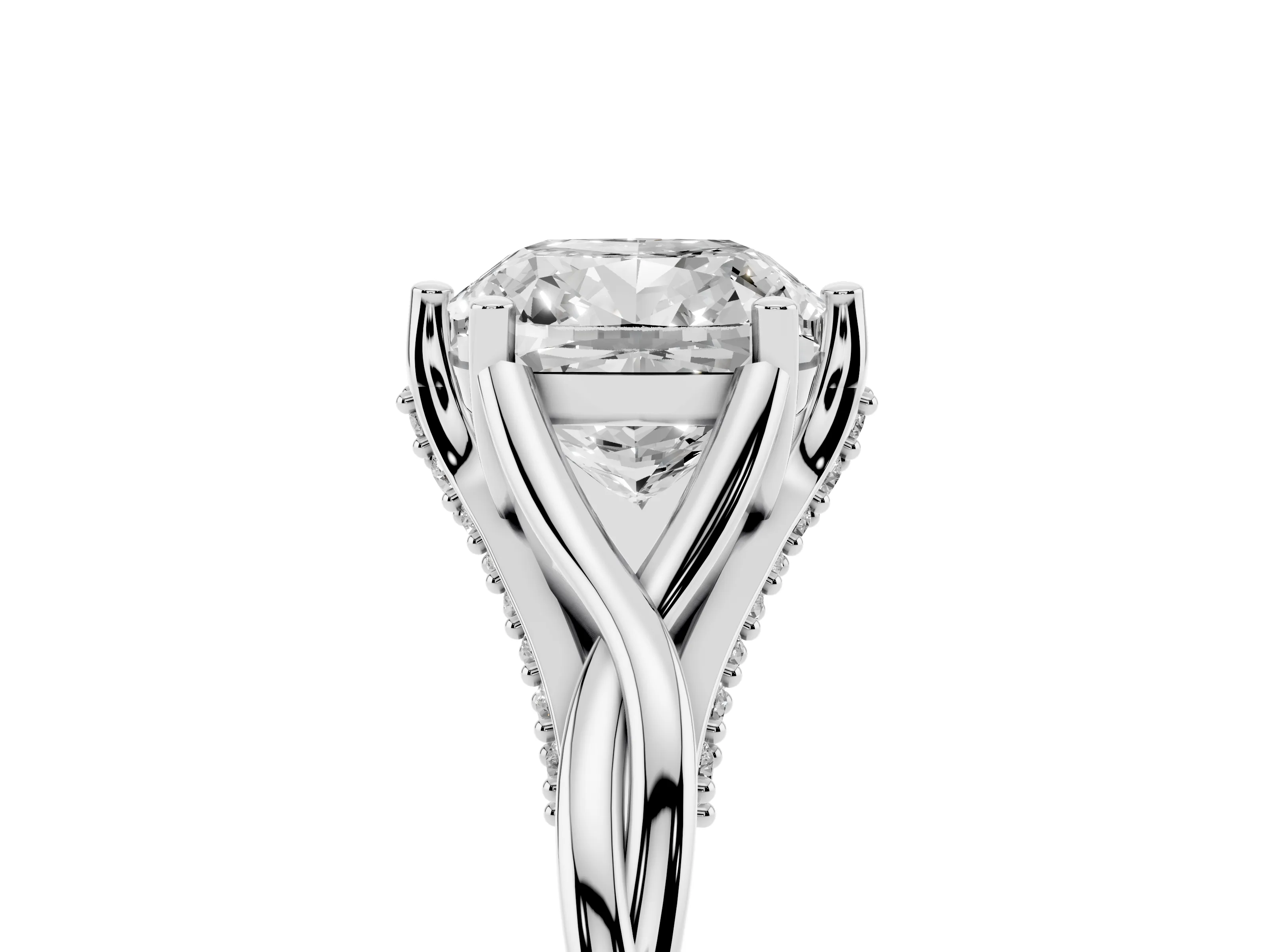 Cushion Cut Diamond Intertwined Twist Band Solitaire Ring Set in White gold with Prong Setting