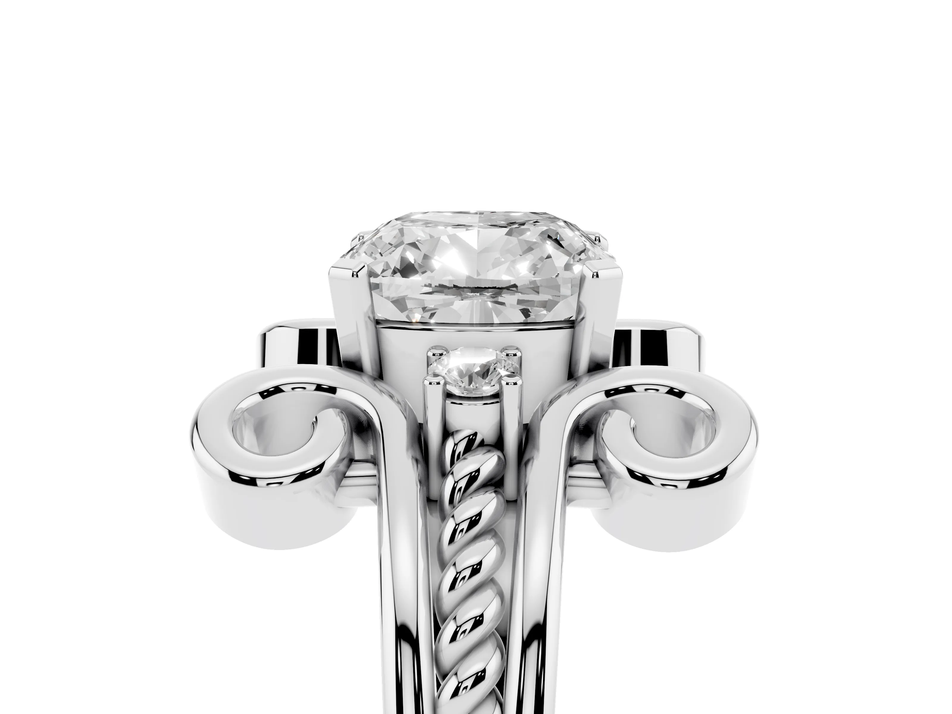 Cushion Cut Diamond Twisted Band Solitaire Ring Set in White gold with Scroll Prongs