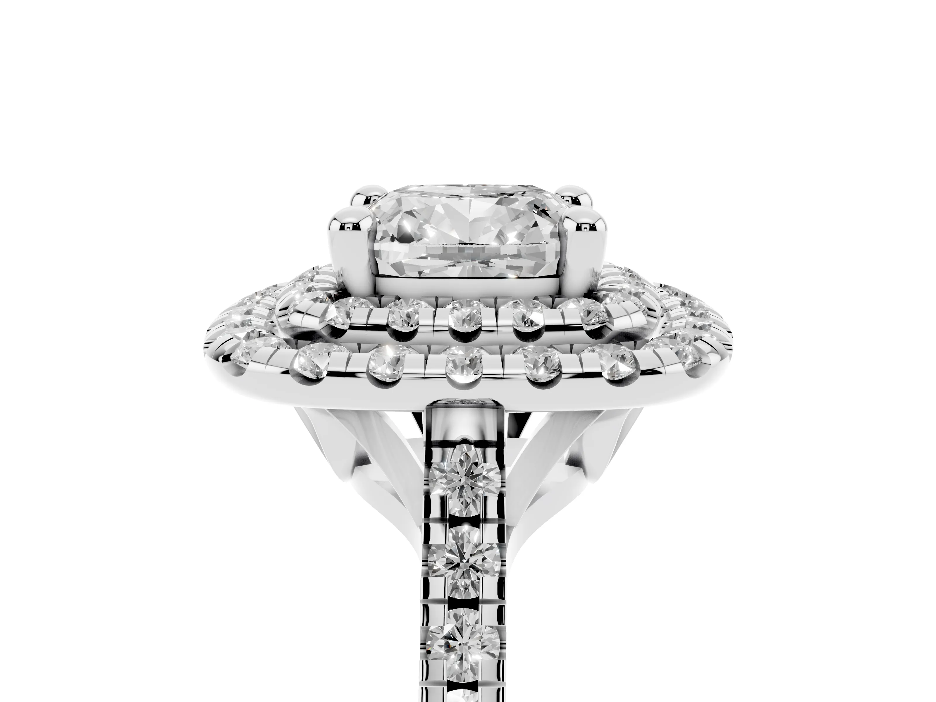 Cushion Cut Diamond Double Halo Statement Ring Set in Platinum with Pavé Band
