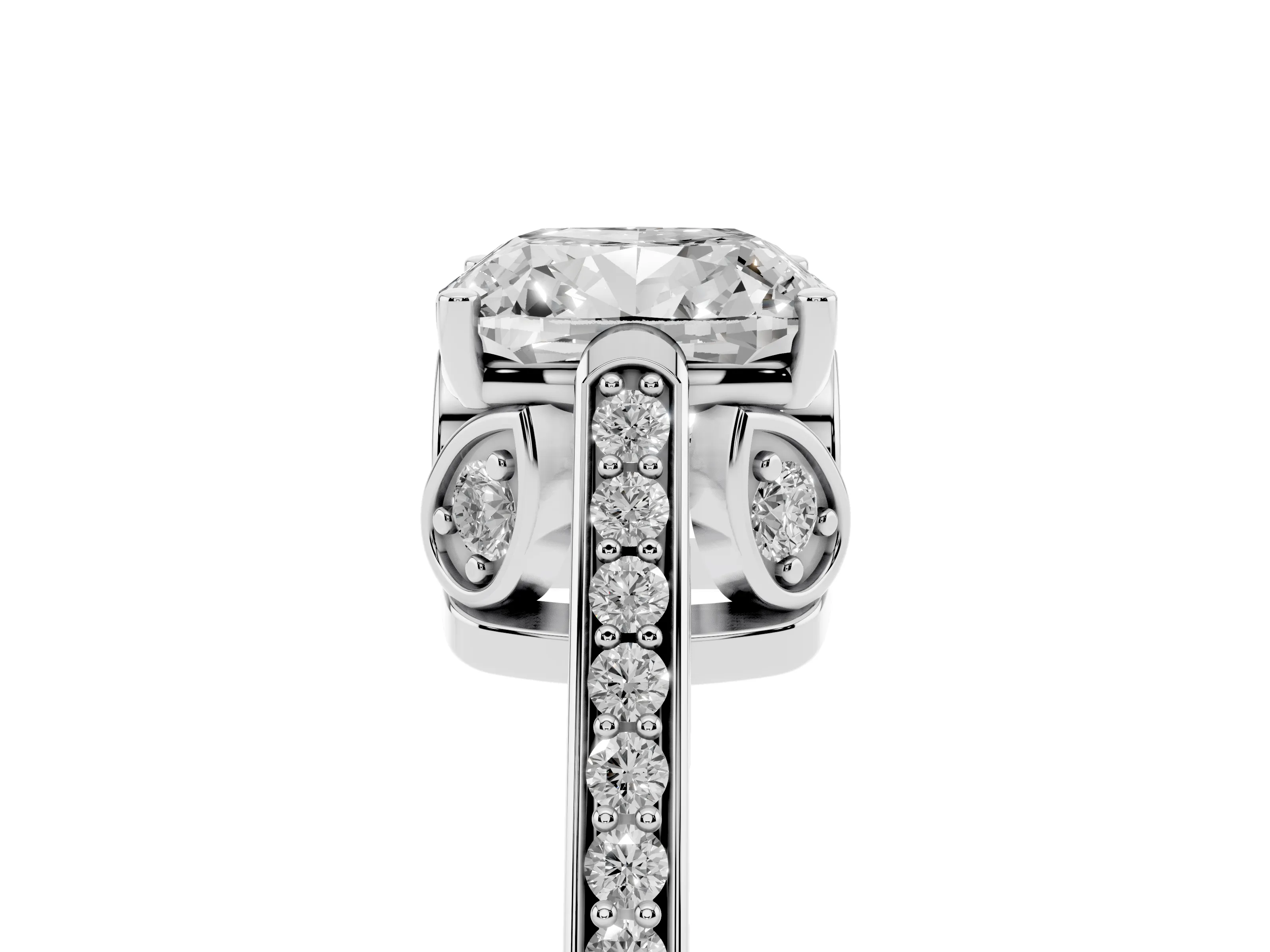 Cushion Cut Diamond Cathedral Pavé Engagement Ring Set in White gold with Prong Setting