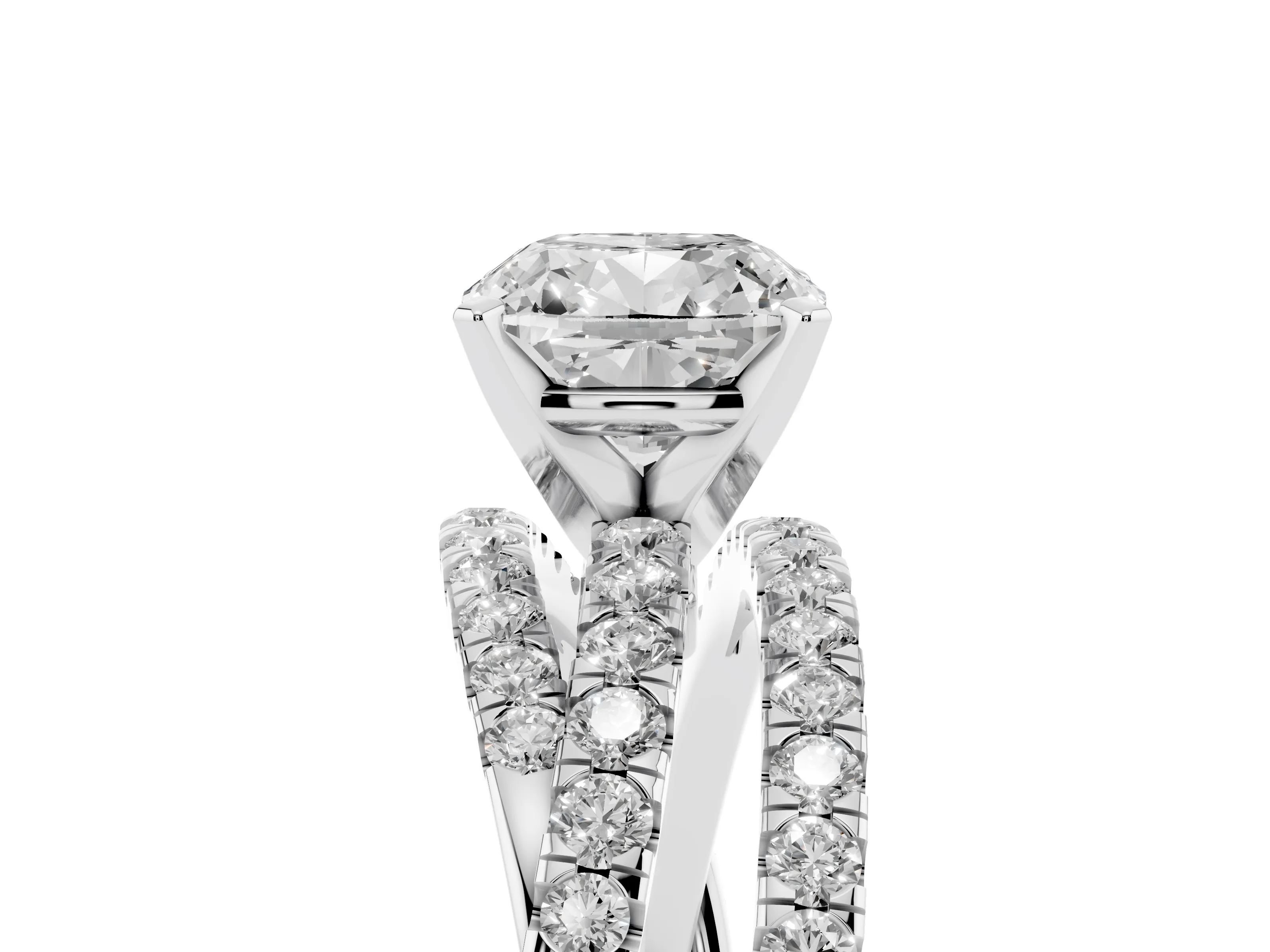 Cushion Cut Diamond Solitaire Twist Band Ring Set in Platinum with Pavé Setting and Prong Head