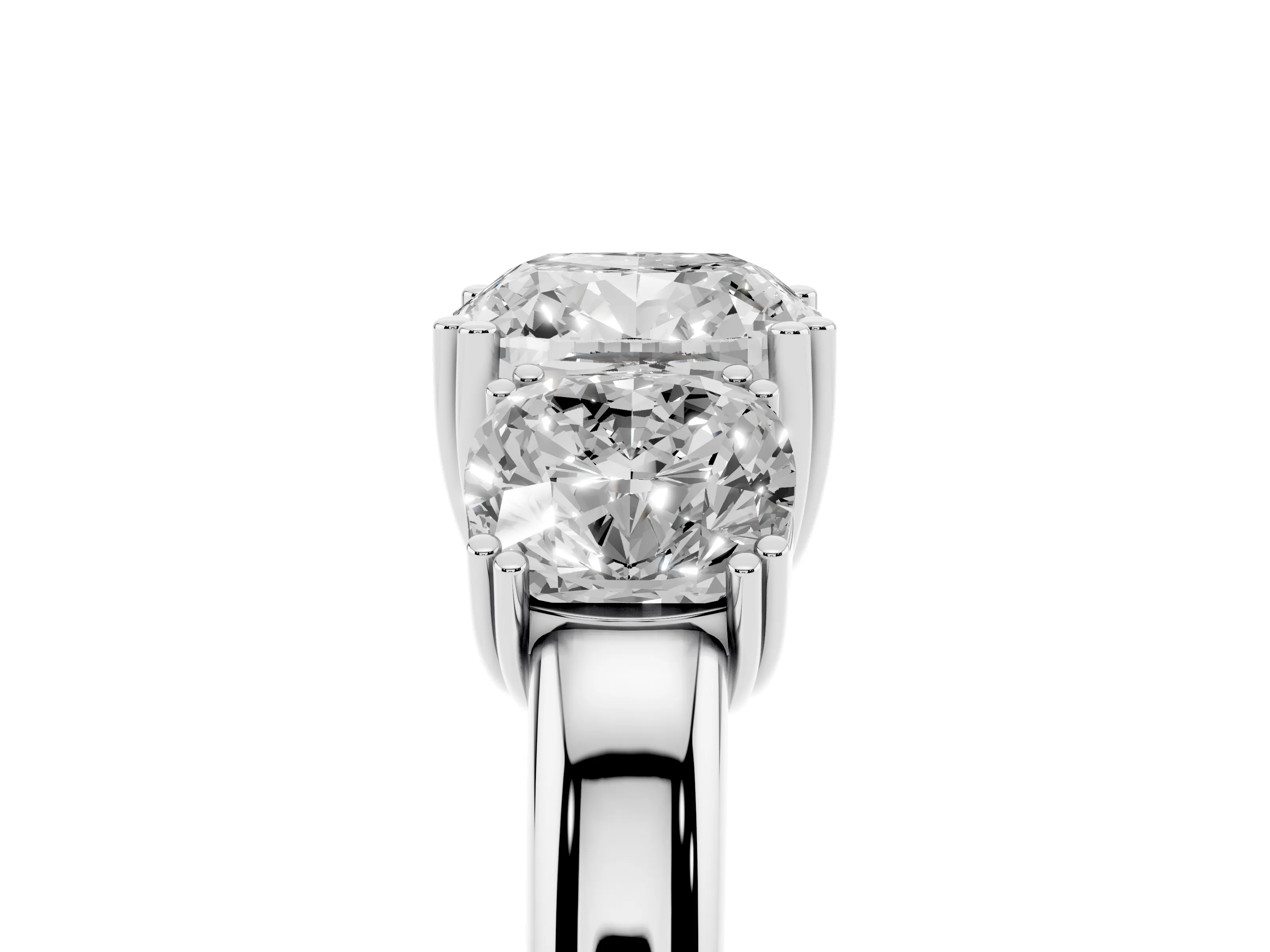 Cushion Cut Diamond Three-Stone Ring Set in Platinum with Polished Band and Prong Setting