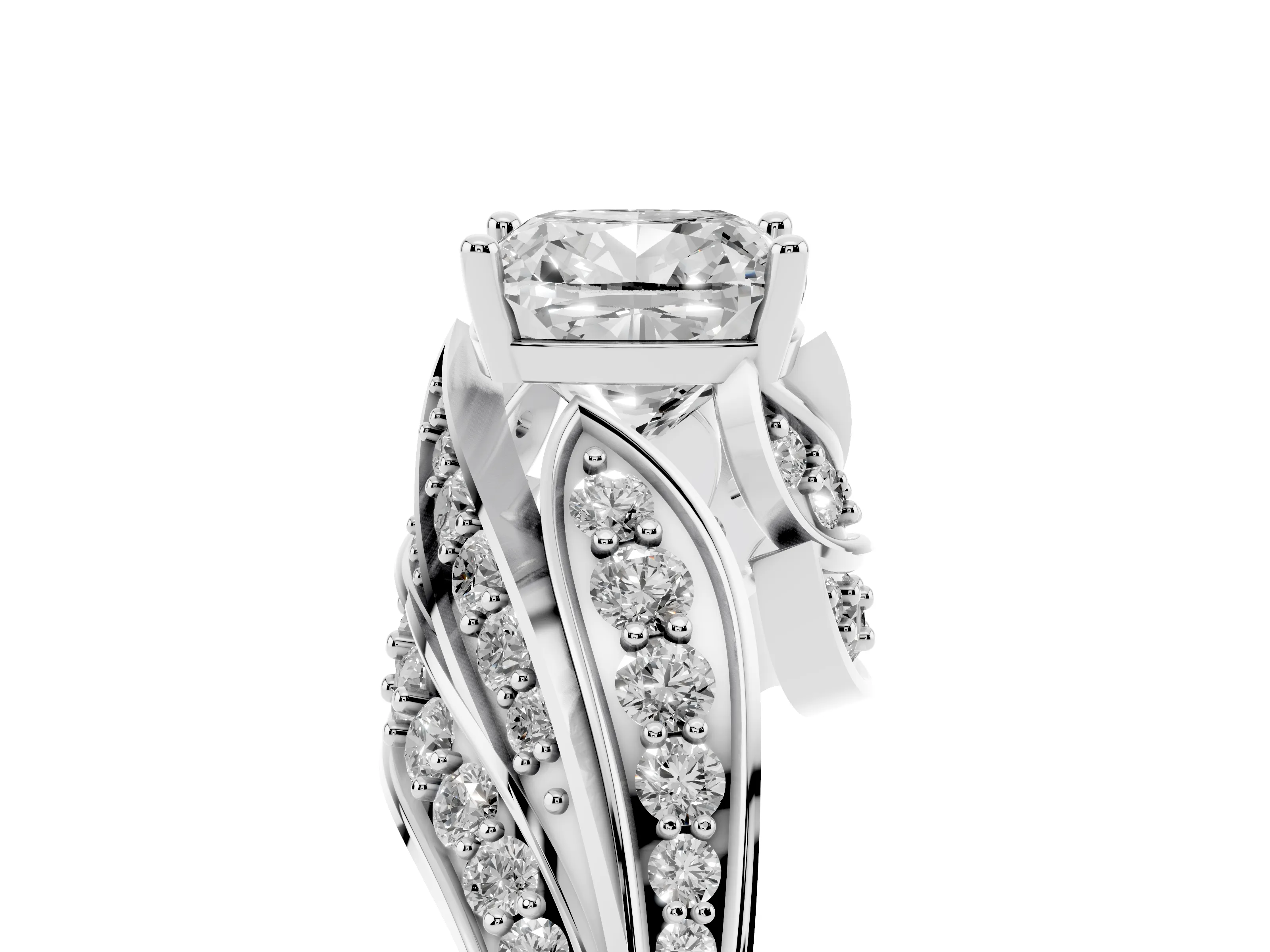 Cushion Cut Diamond Solitaire Ring Set in Platinum with Layered Twist Pavé Band