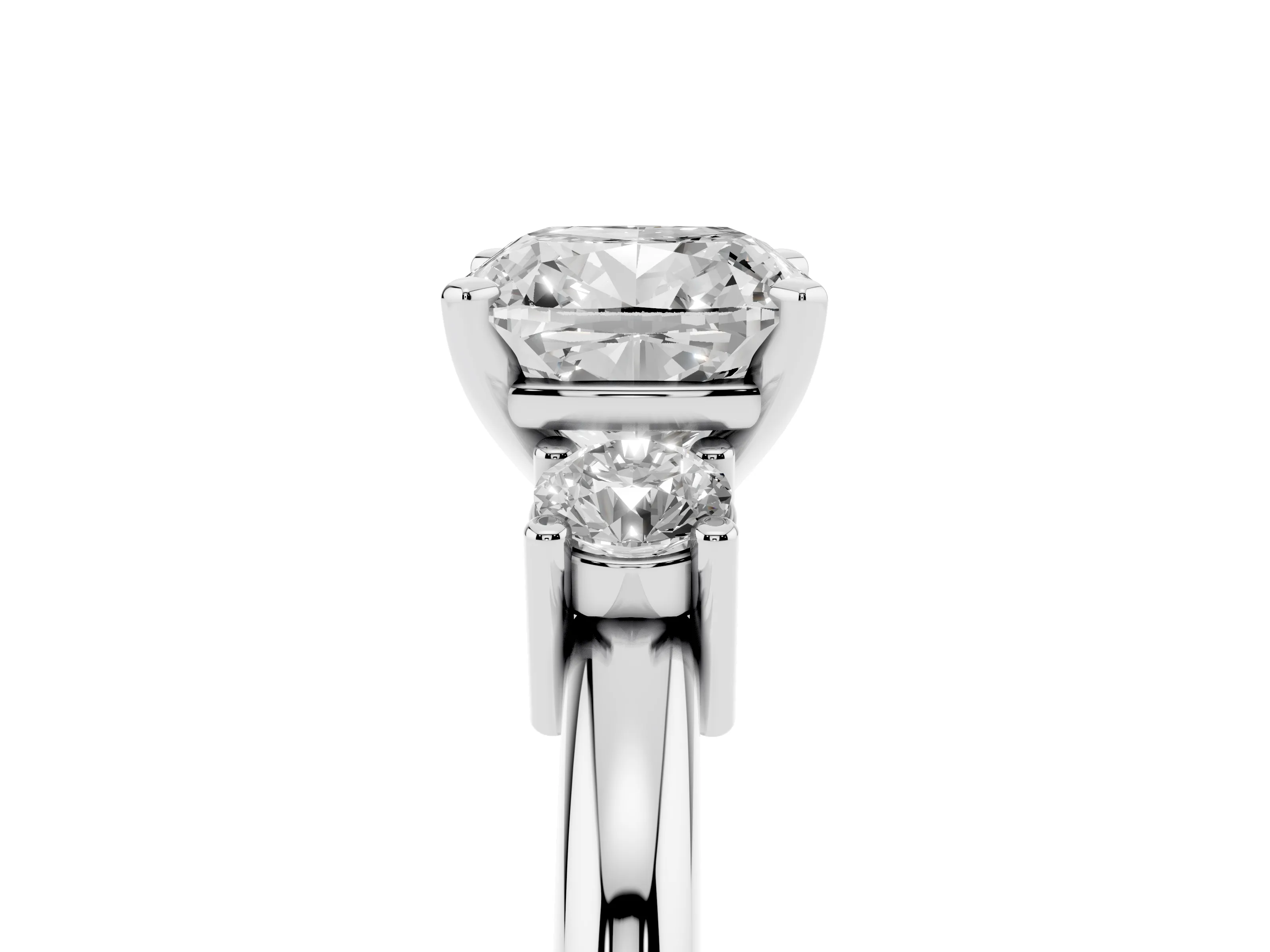 Three-Stone Cushion Cut Diamond Ring Set in Platinum with Prong Setting and Plain Band