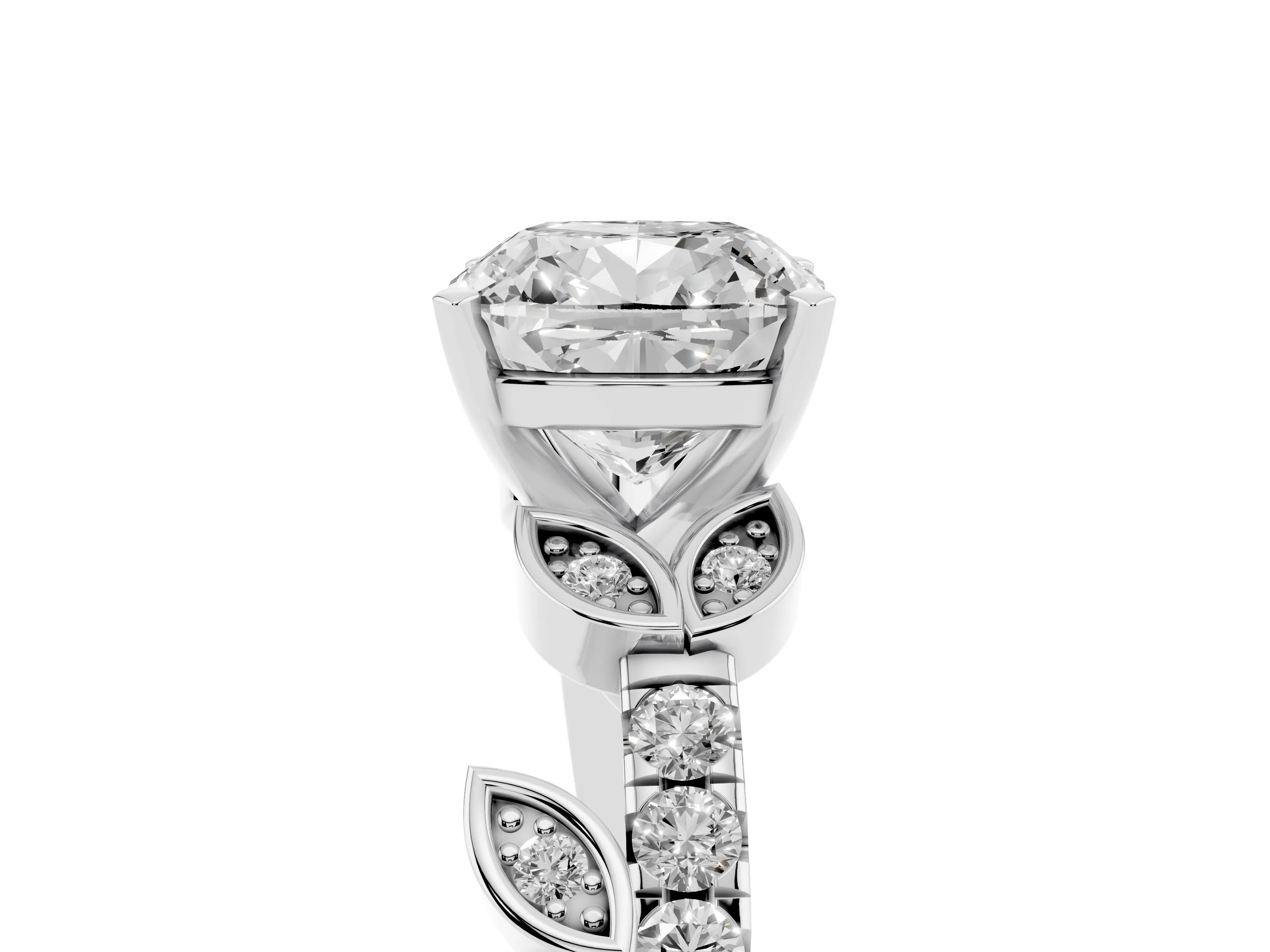 Cushion Cut Diamond Solitaire Leaf-Inspired Ring Set in Platinum with Pavé Band and Prong Setting