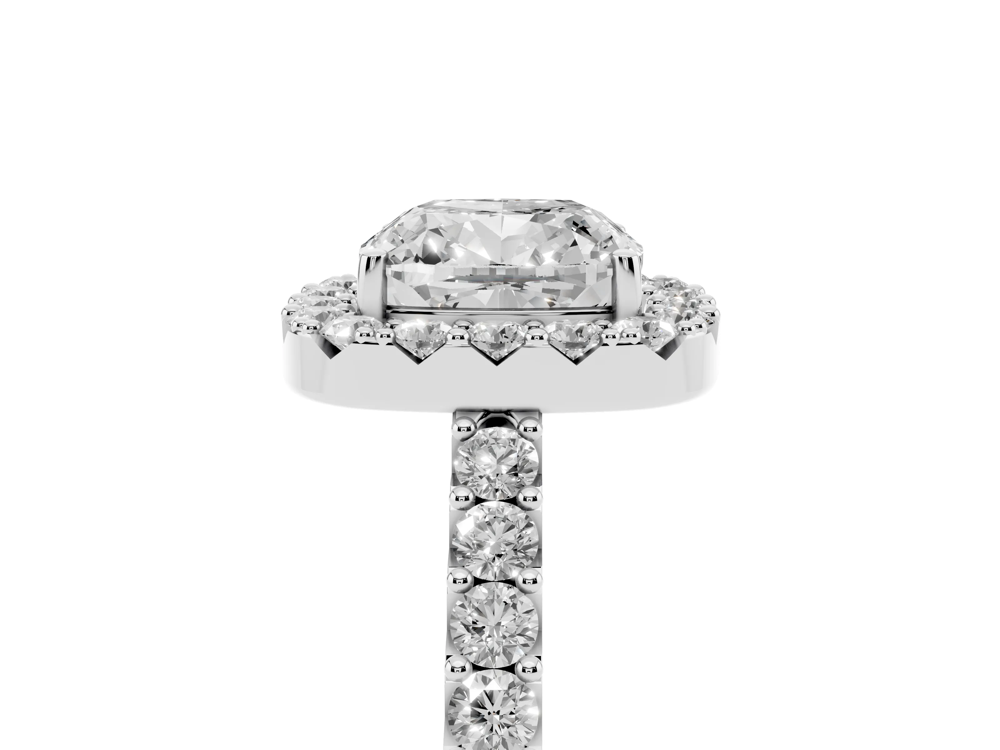 Cushion Cut Diamond Halo Pavé Solitaire Ring Set in Platinum with Prong-Set Center Stone
