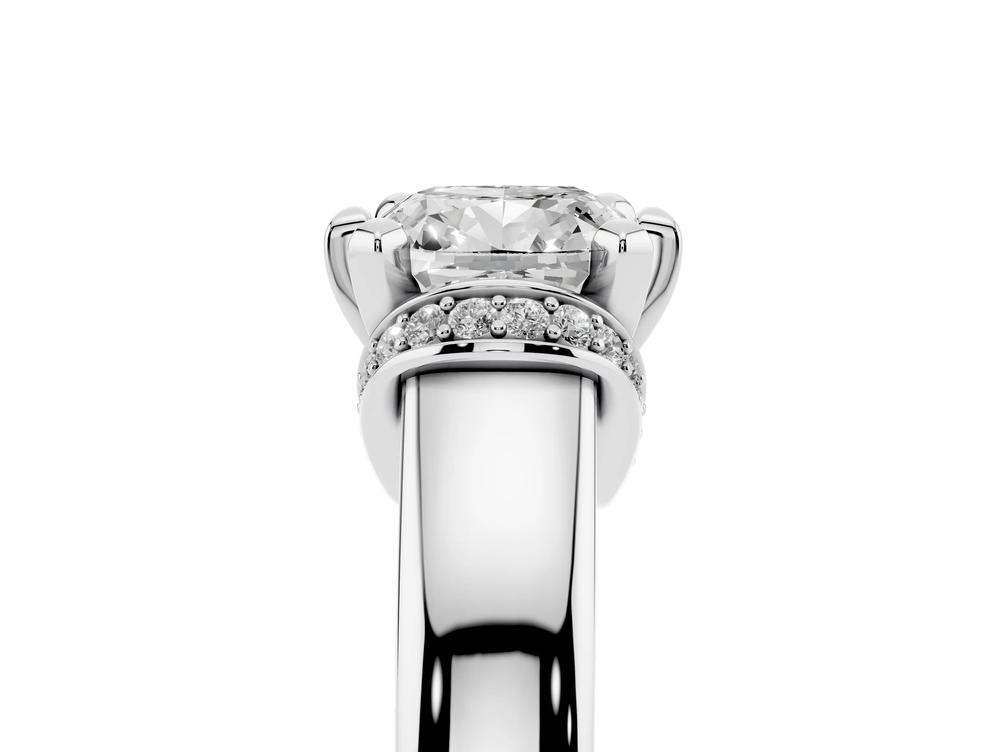 Cushion Cut Diamond Pavé Band Solitaire Ring Set in White gold with Prong Setting
