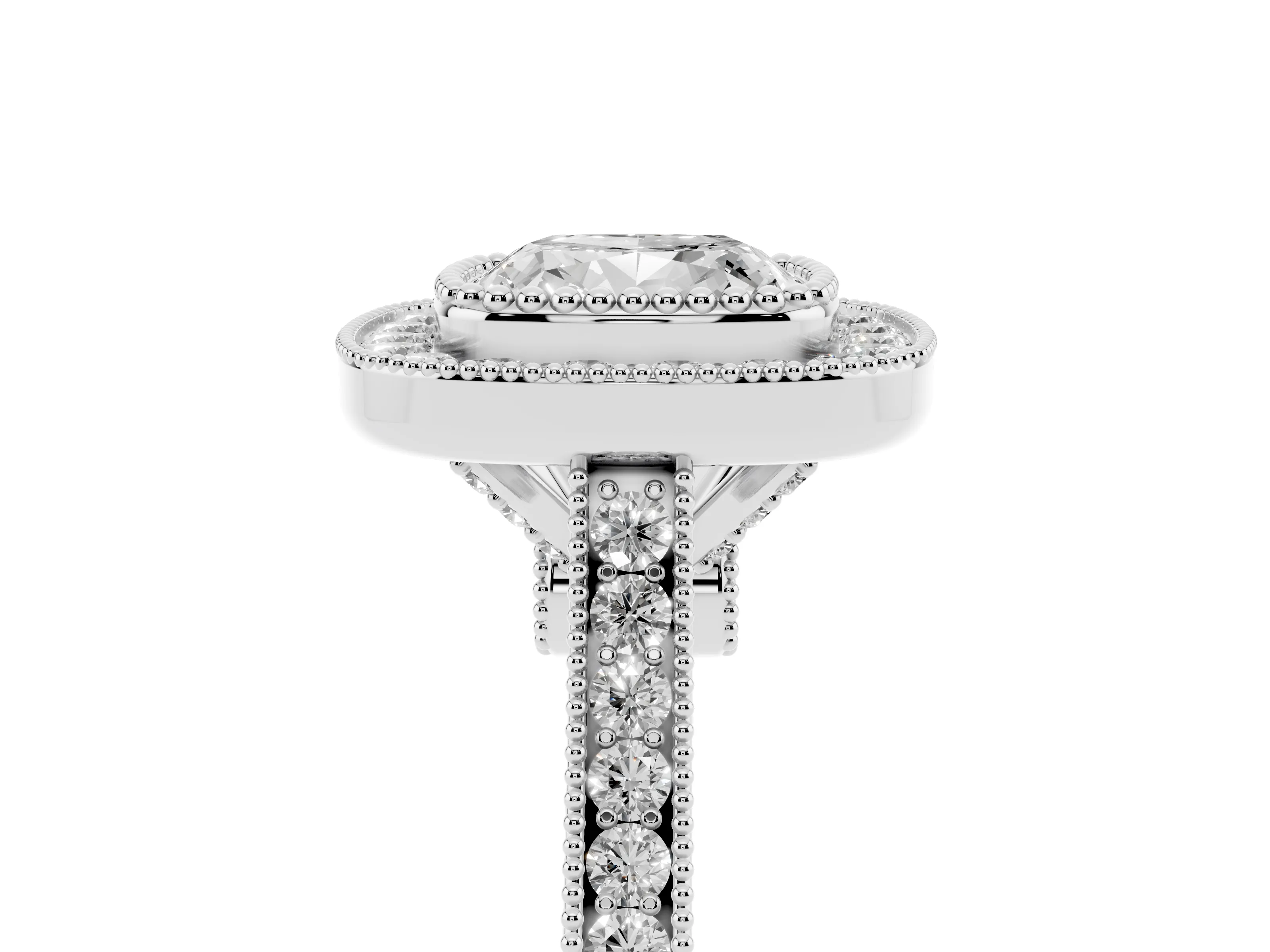 Cushion Cut Diamond Halo Ring Set in White gold with Milgrain Frame and Pavé Band