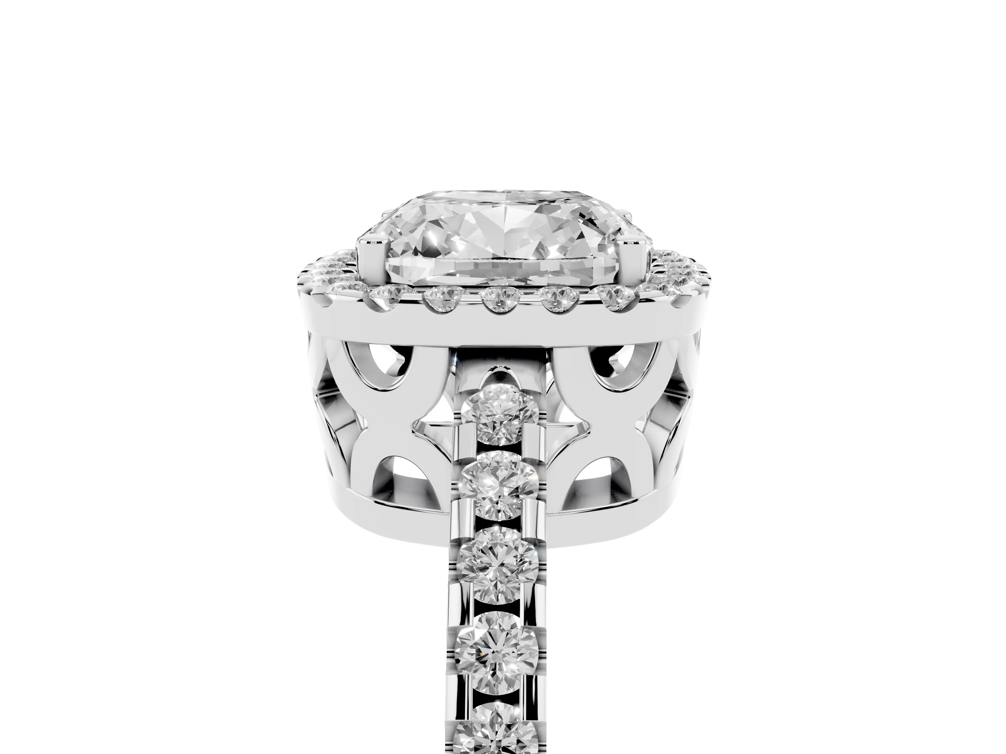 Cushion Cut Diamond Halo Ring Set in Platinum with Pavé Shoulders and Halo-Framed Center